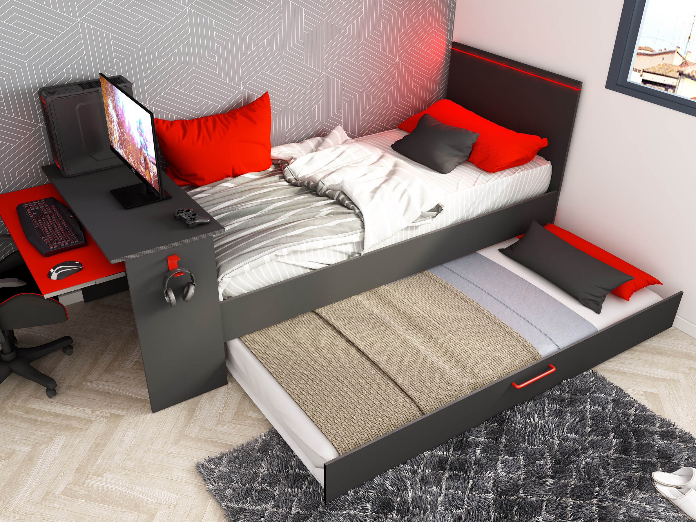 Kompakt Gaming Seng med Skrivebord og Uttrekkbar Gjesteseng 90x200 - Sort/Rød