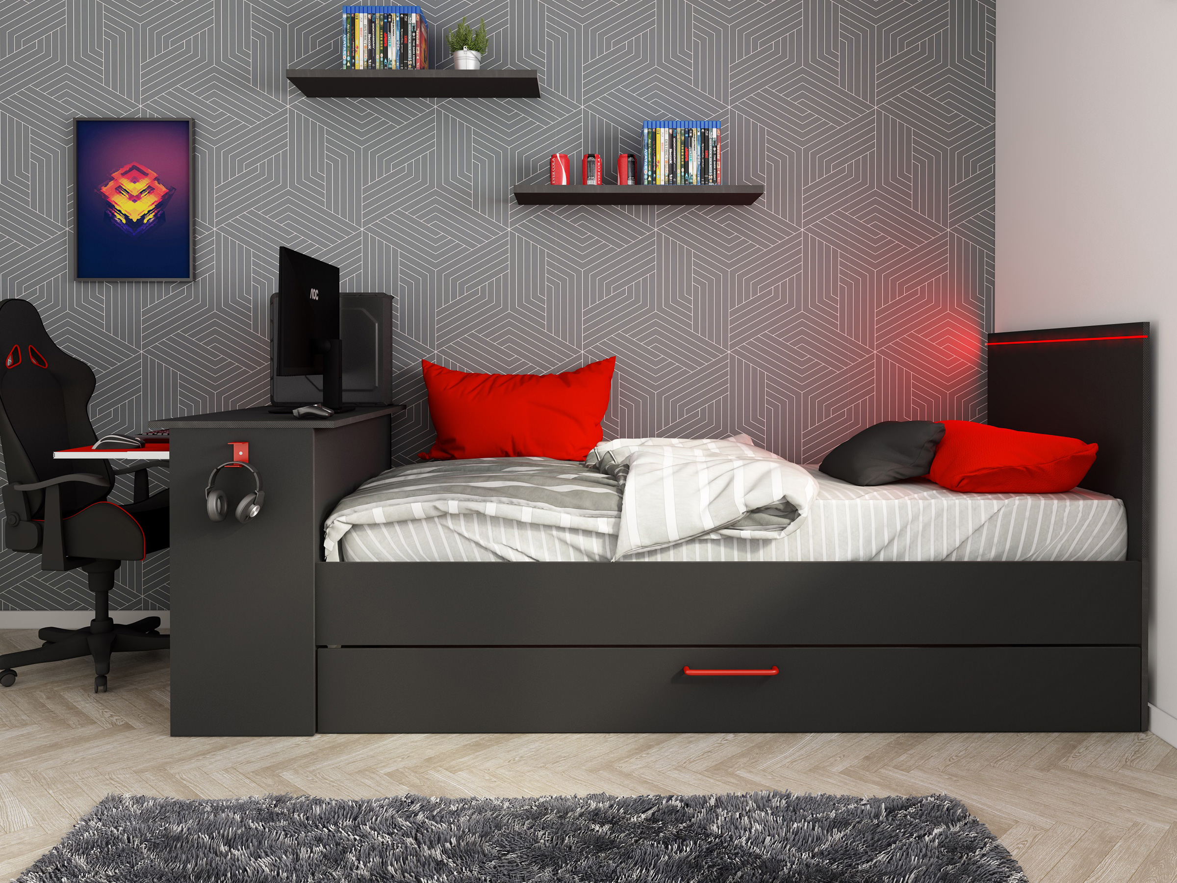 Kompakt Gaming Seng med Skrivebord og Uttrekkbar Gjesteseng 90x200 - Sort/Rød