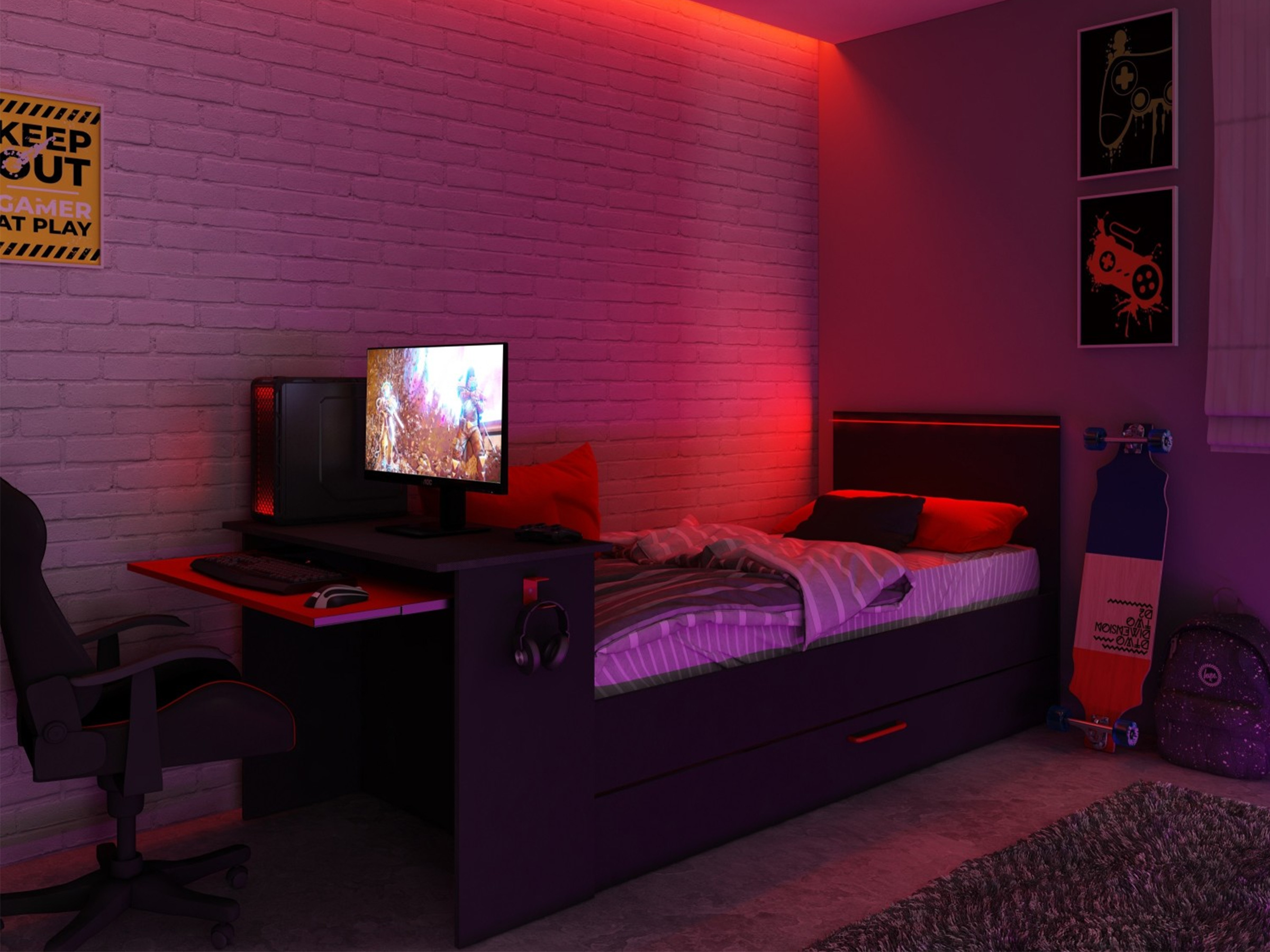 Kompakt Gaming Seng med Skrivebord og Uttrekkbar Gjesteseng 90x200 - Sort/Rød