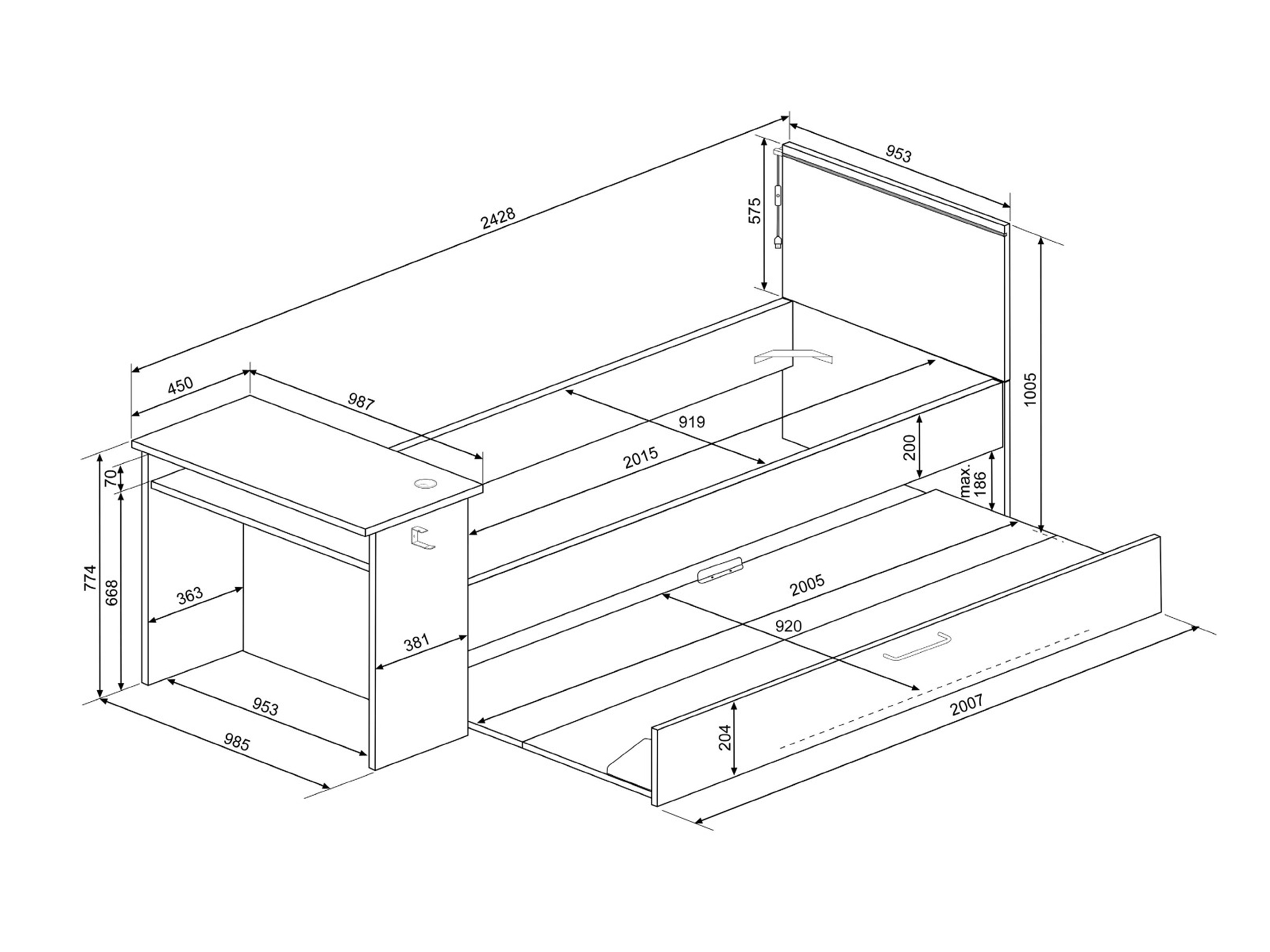 Kompakt Gaming Seng med Skrivebord og Uttrekkbar Gjesteseng 90x200 - Sort/Rød
