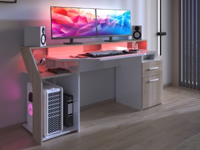 silver-skrivebord-med-led-lys---naturhvit