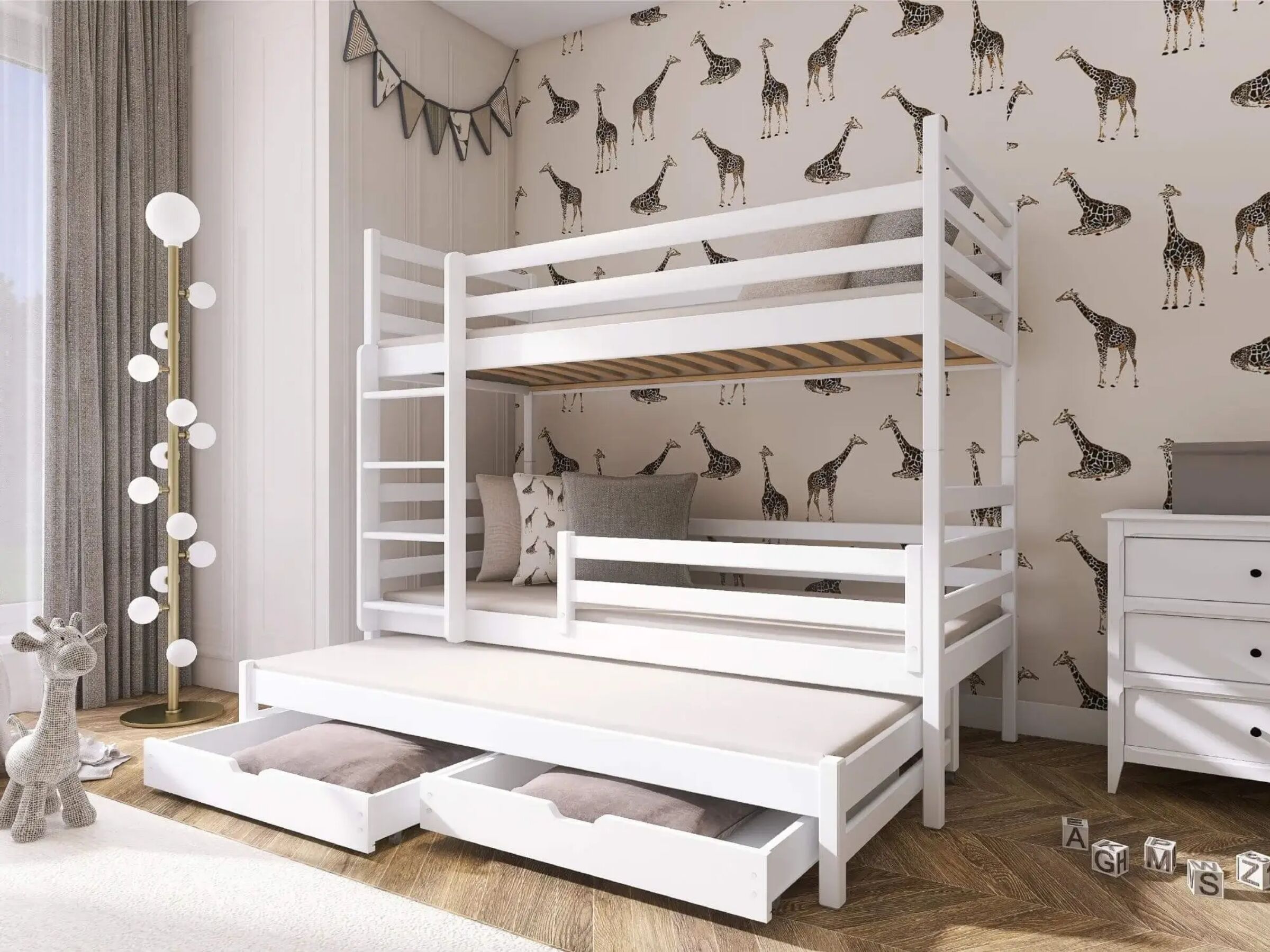 Luk Køyeseng med Uttrekkbar Gjesteseng og Skuff 90x200 - Hvit