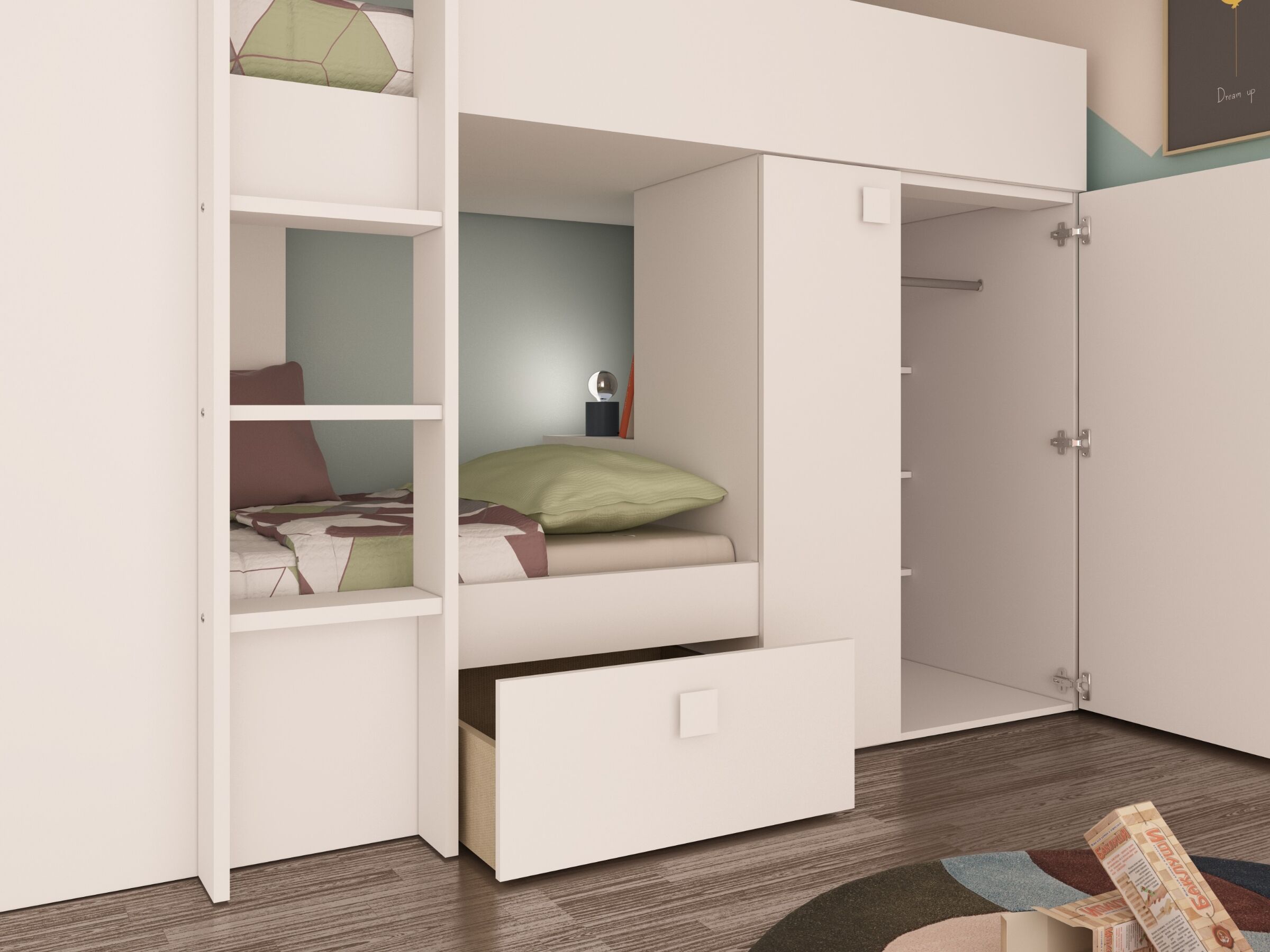 Bolton Køyeseng med Garderobe og Skuff 90x200 - Hvit