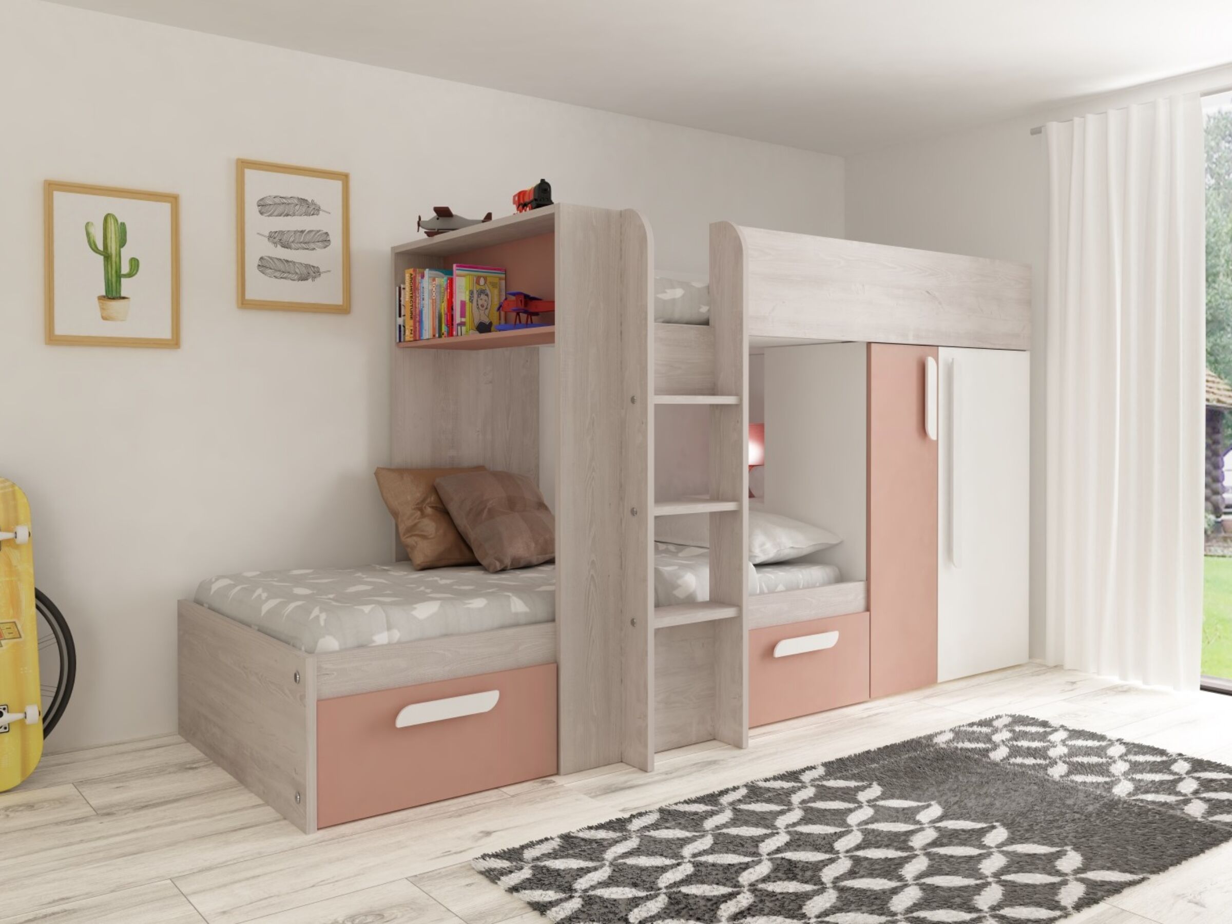 Melbourne Køyeseng med Garderobe og Skuff 90x200 - Rosa/Natur