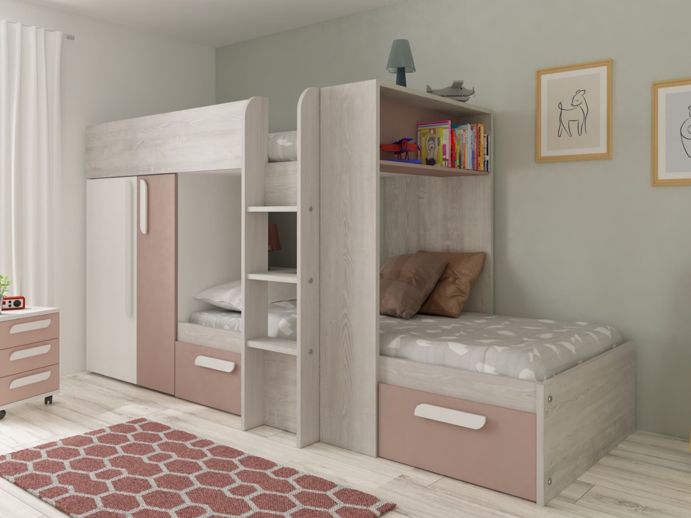 Melbourne Køyeseng med Garderobe og Skuff 90x200 - Rosa/Natur