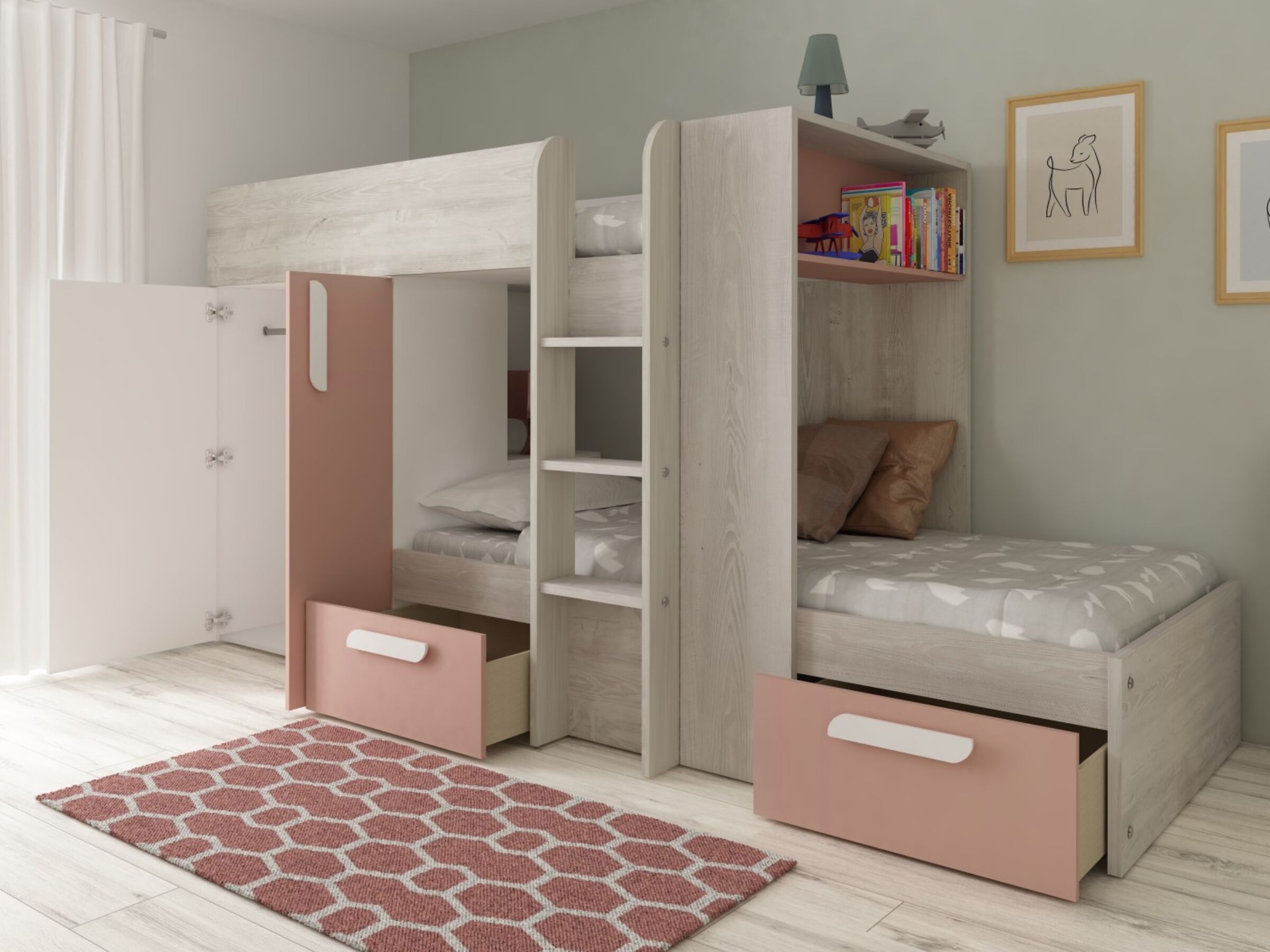 Melbourne Køyeseng med Garderobe og Skuff 90x200 - Rosa/Natur