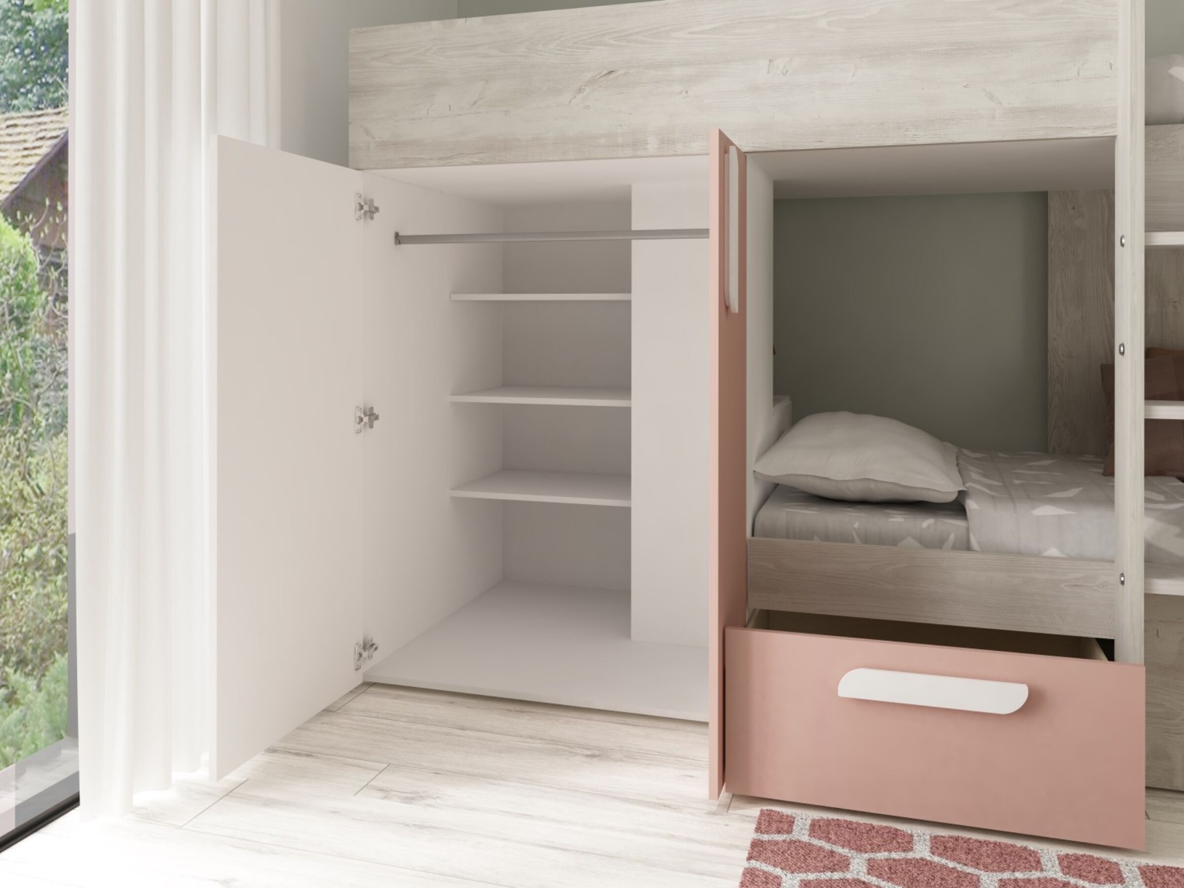 Melbourne Køyeseng med Garderobe og Skuff 90x200 - Rosa/Natur