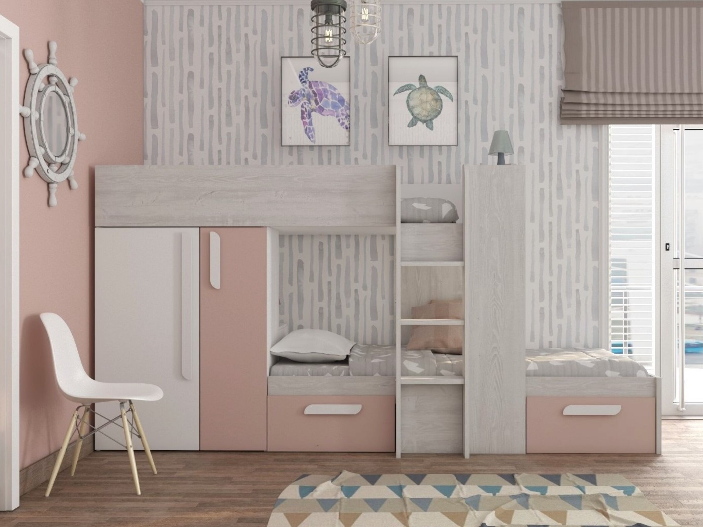 Melbourne Køyeseng med Garderobe og Skuff 90x200 - Rosa/Natur