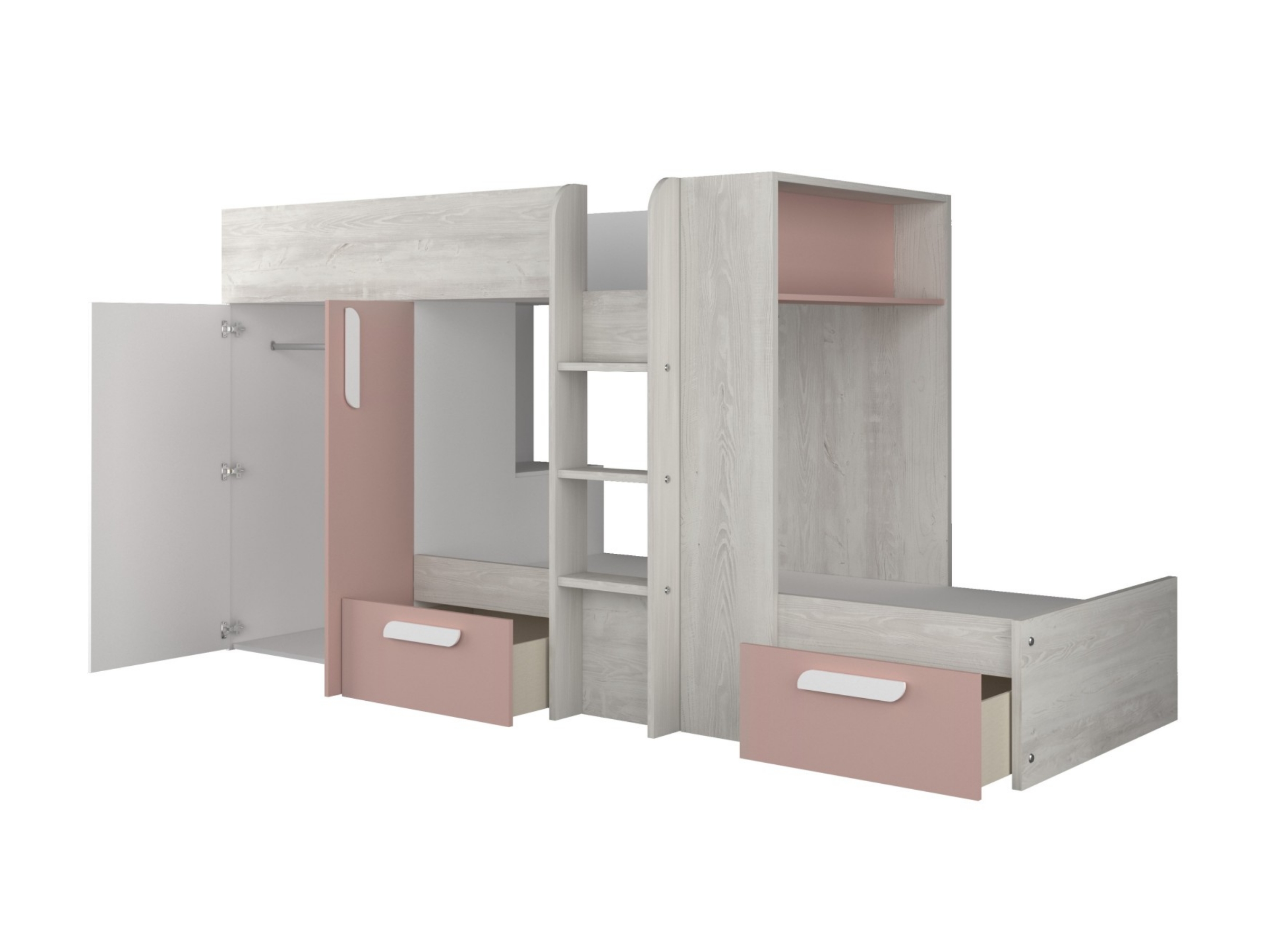 Melbourne Køyeseng med Garderobe og Skuff 90x200 - Rosa/Natur