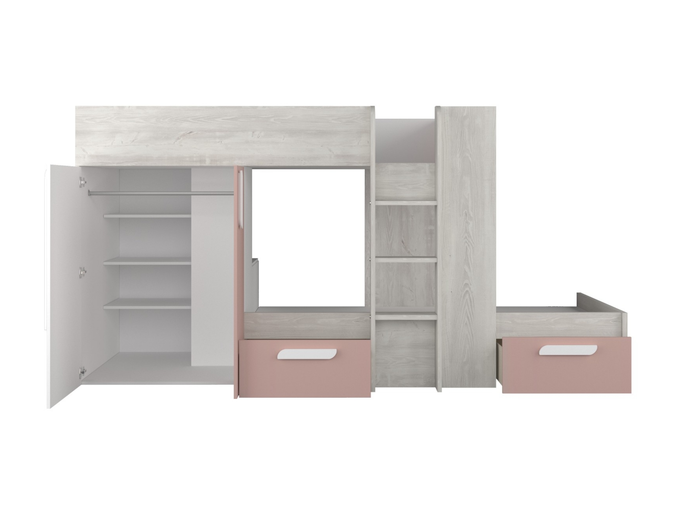 Melbourne Køyeseng med Garderobe og Skuff 90x200 - Rosa/Natur