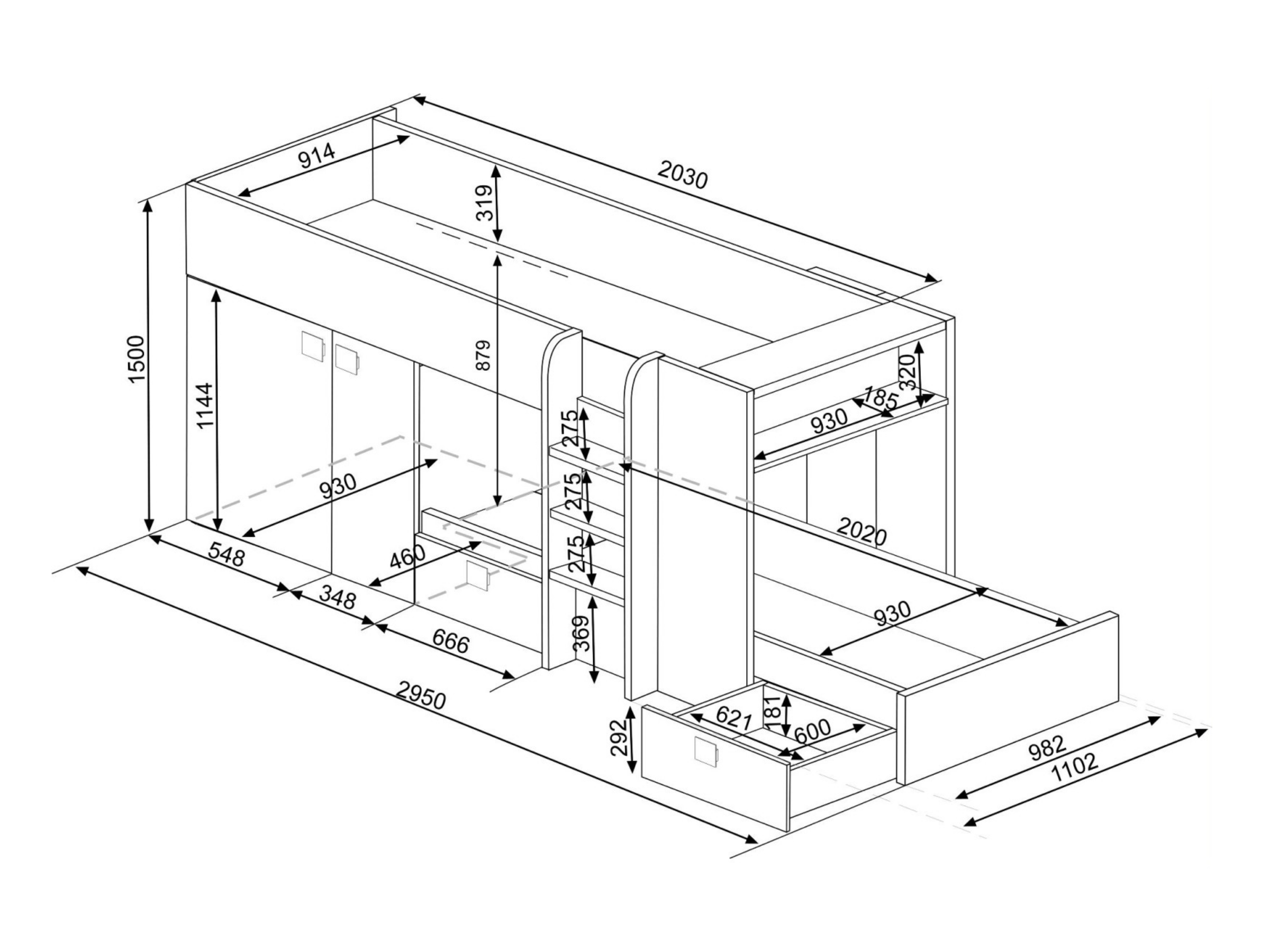 Melbourne Køyeseng med Garderobe og Skuff 90x200 - Rosa/Natur