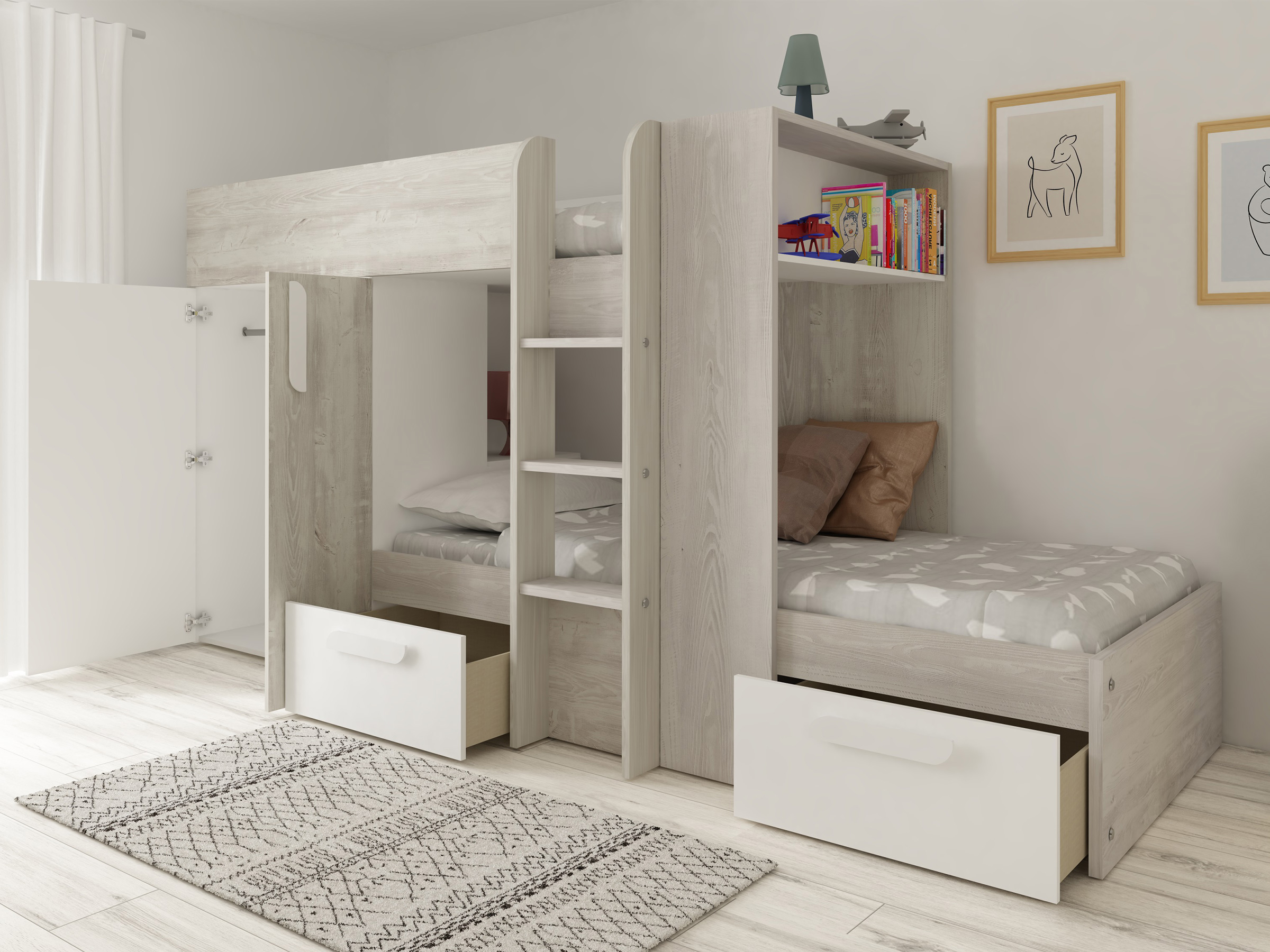 Melbourne Køyeseng med Garderobe og Skuff 90x200 - Hvit/Natur
