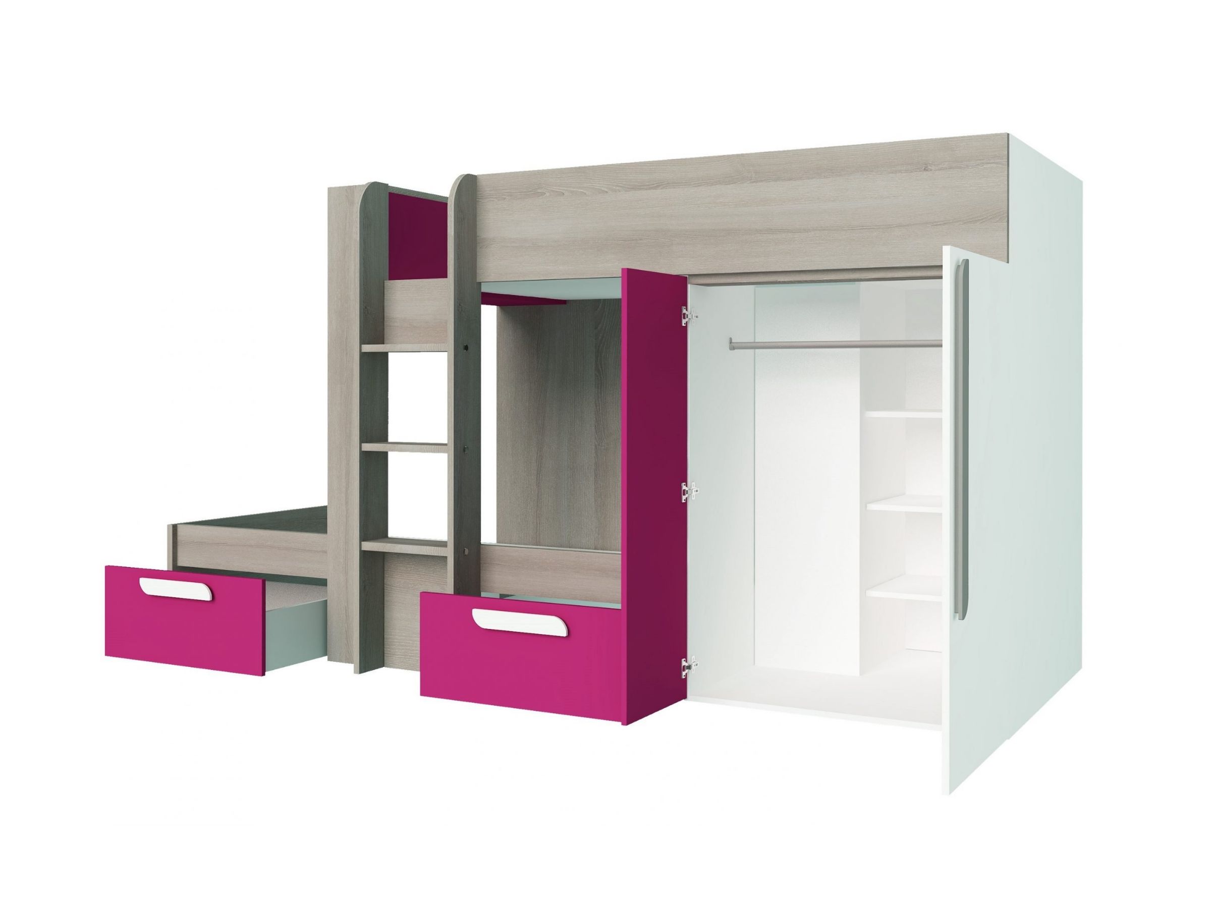 Melbourne Køyeseng med Garderobe og Skuff 90x190 - Rosa/Lilla/Natur