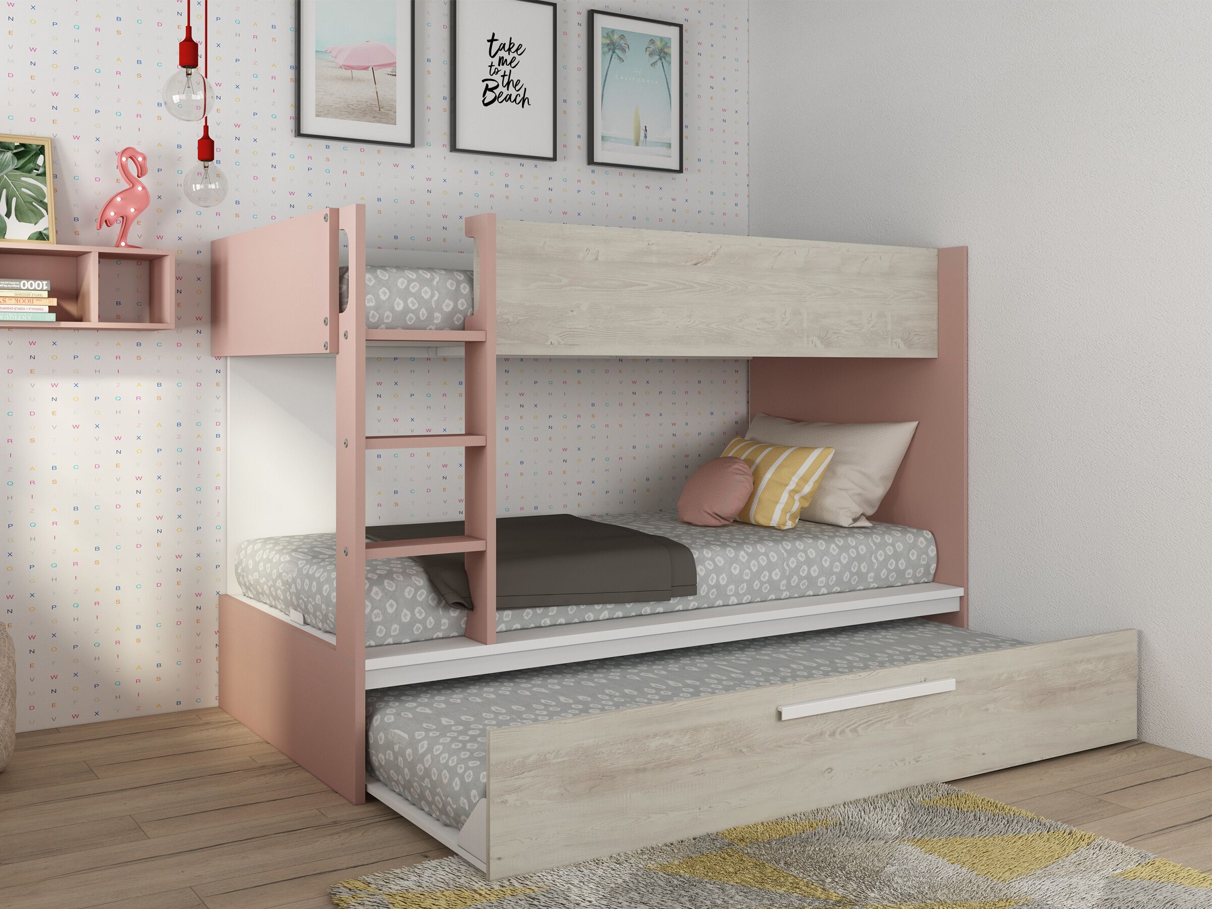 Silver Køyeseng med Uttrekkbar Gjesteseng 90x200 - Rosa/Natur