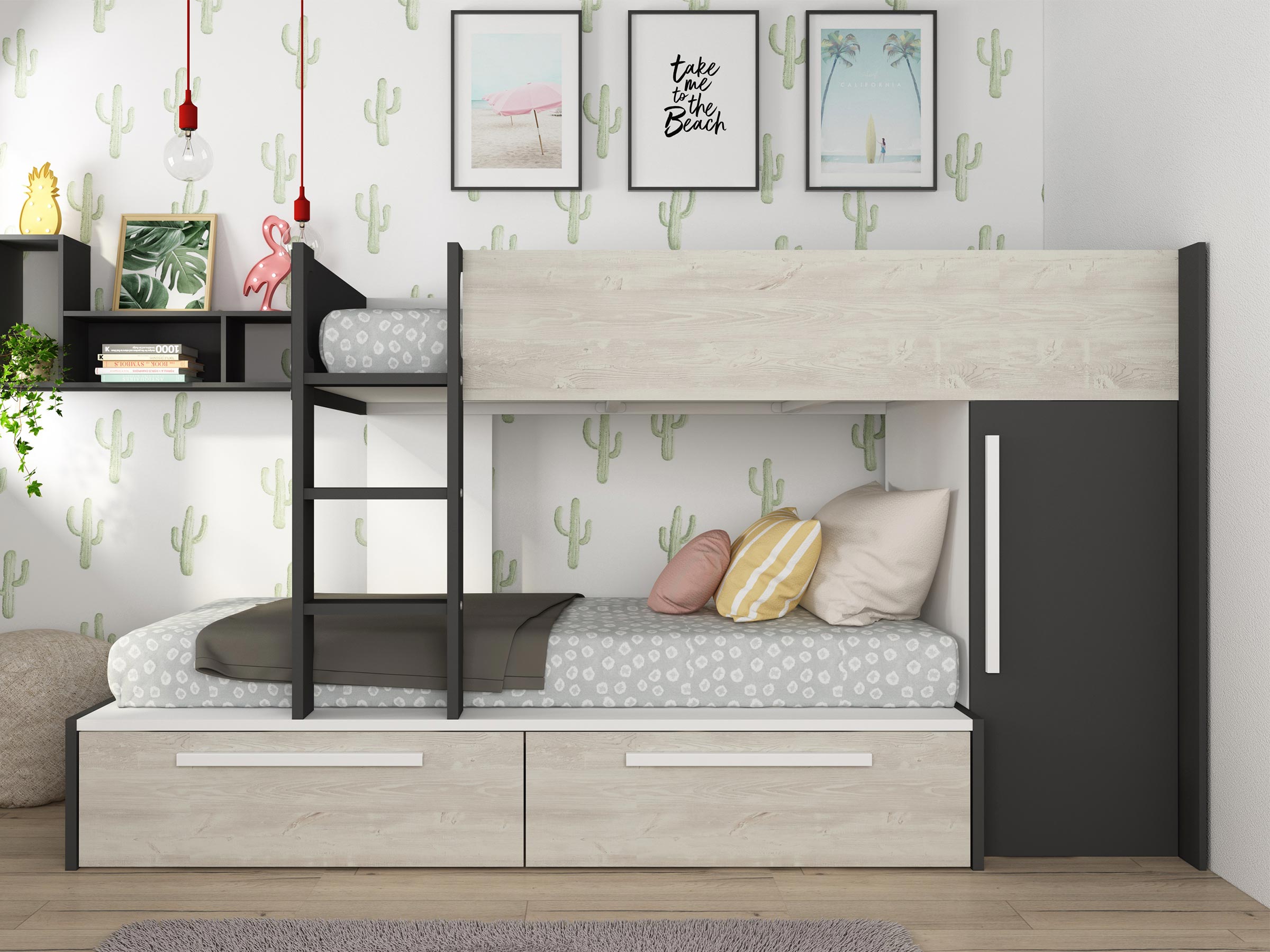 Onyx Køyeseng med Garderobe 90x200 - Sort/Natur
