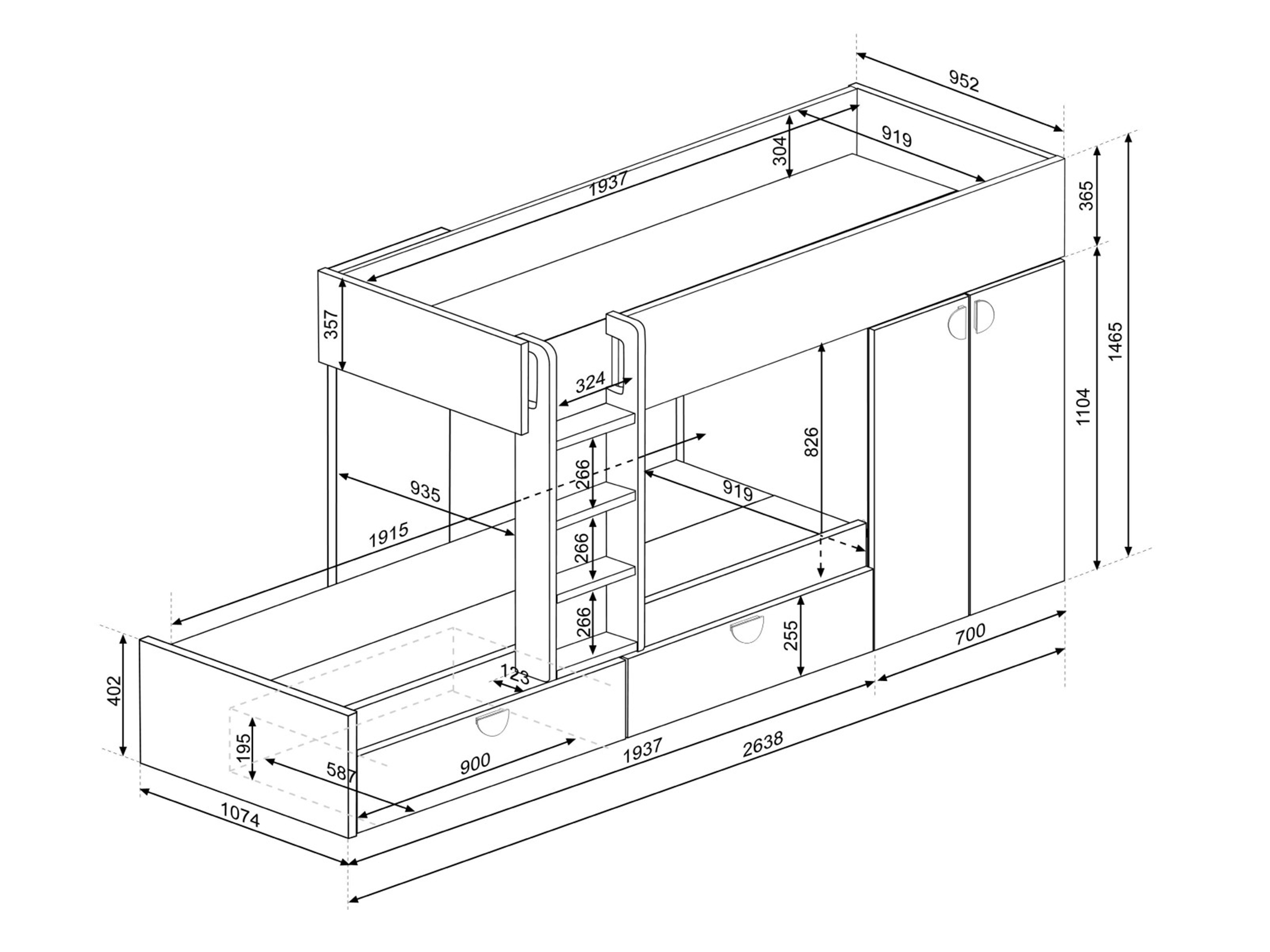 Ecru Køyeseng med Garderobeskap 90x190 - Hvit/Natur