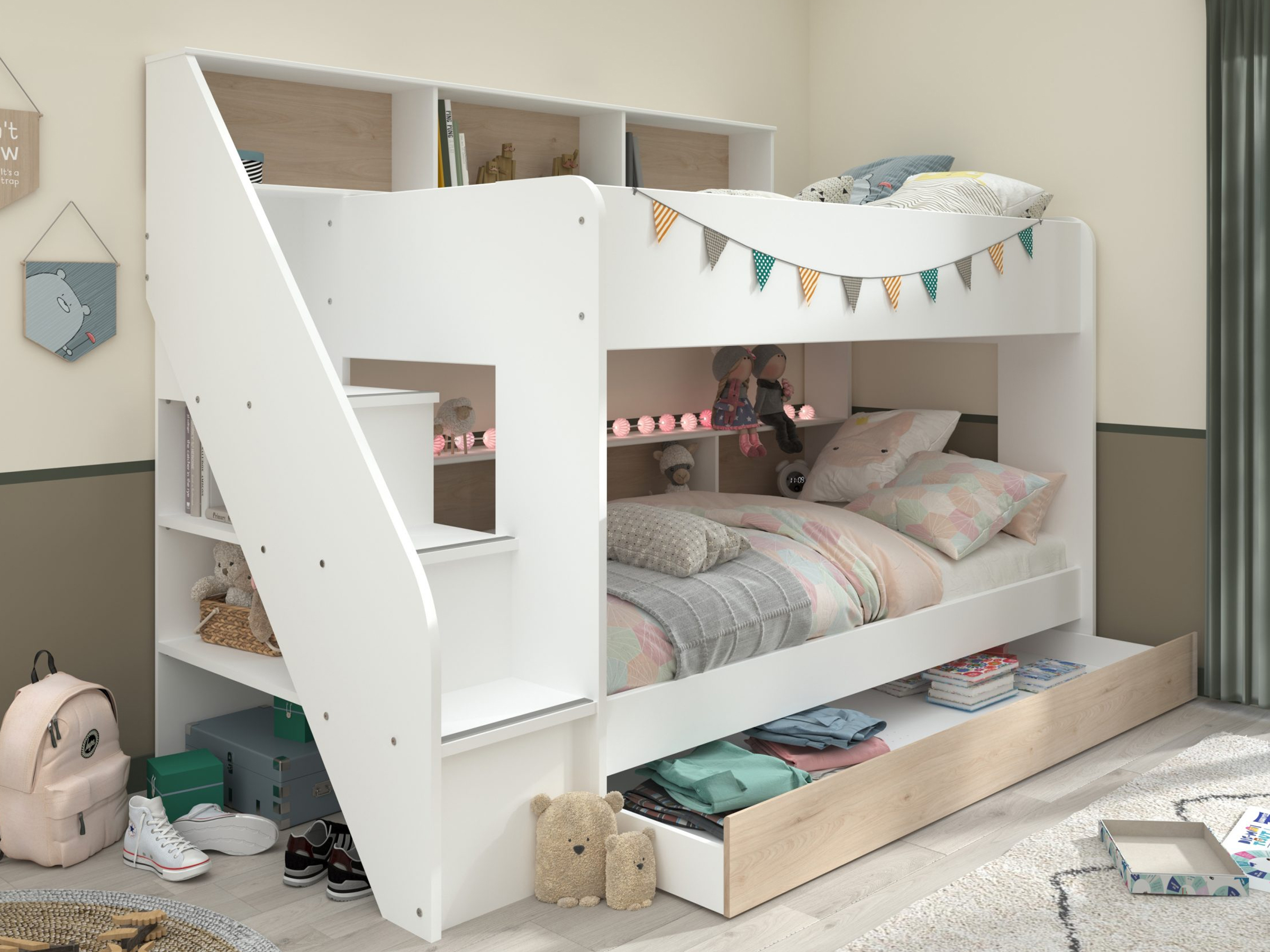 Bibop Køyeseng med Uttrekkbar Gjesteseng 90x200 - Hvit/Natur