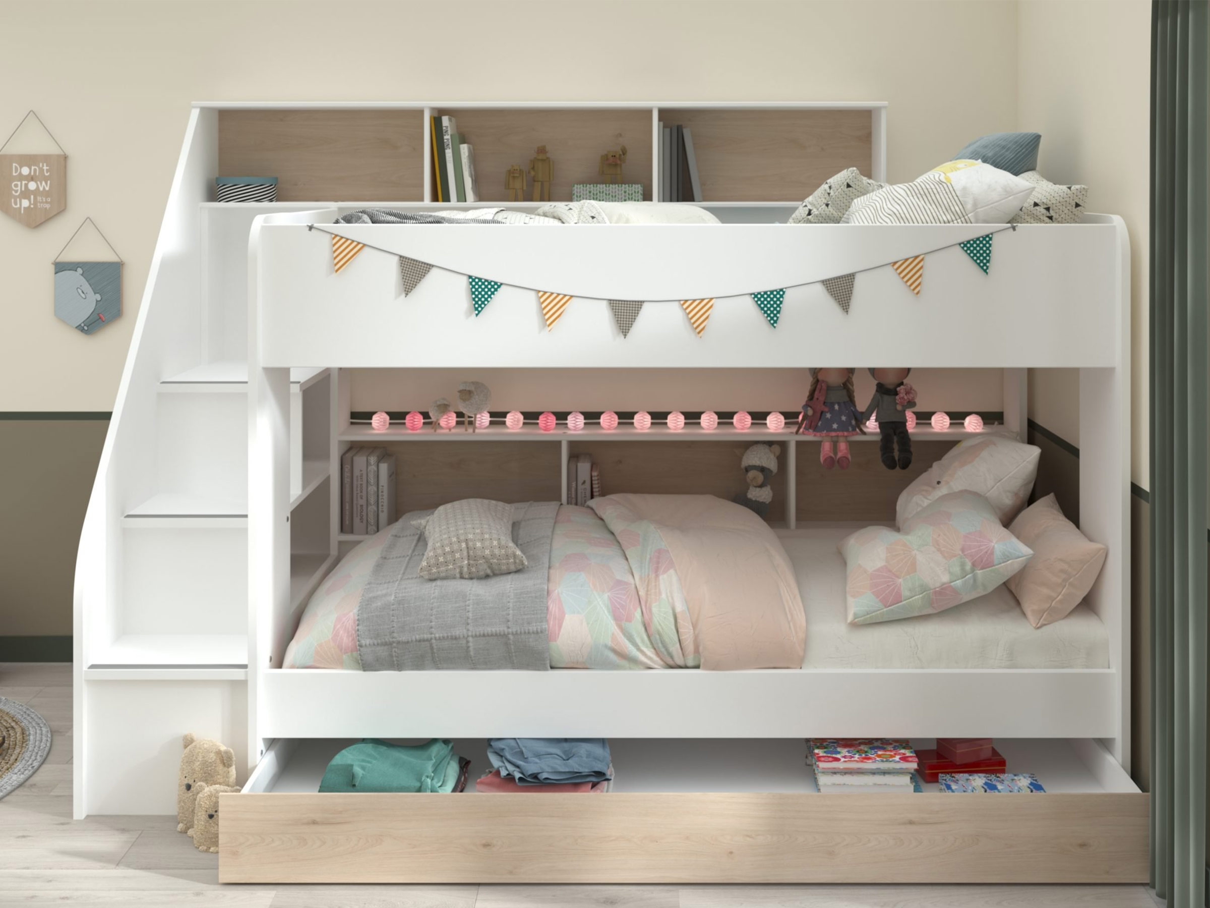 Bibop Køyeseng med Uttrekkbar Gjesteseng 90x200 - Hvit/Natur