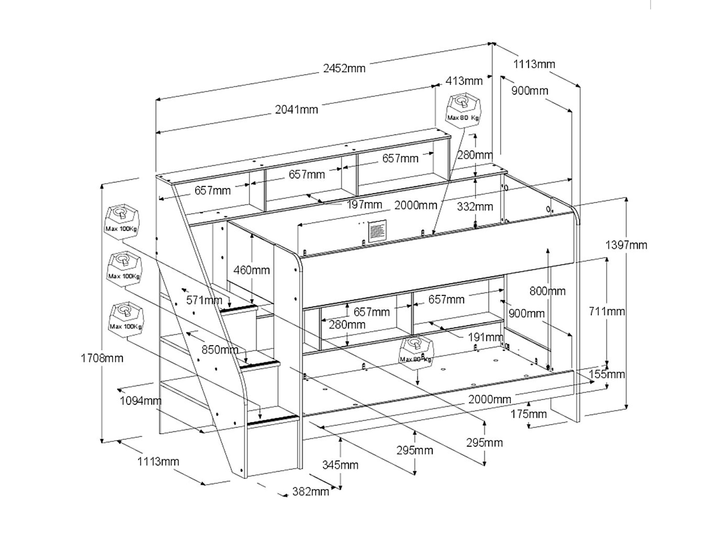 Bibop Køyeseng med Uttrekkbar Gjesteseng 90x200 - Hvit/Natur