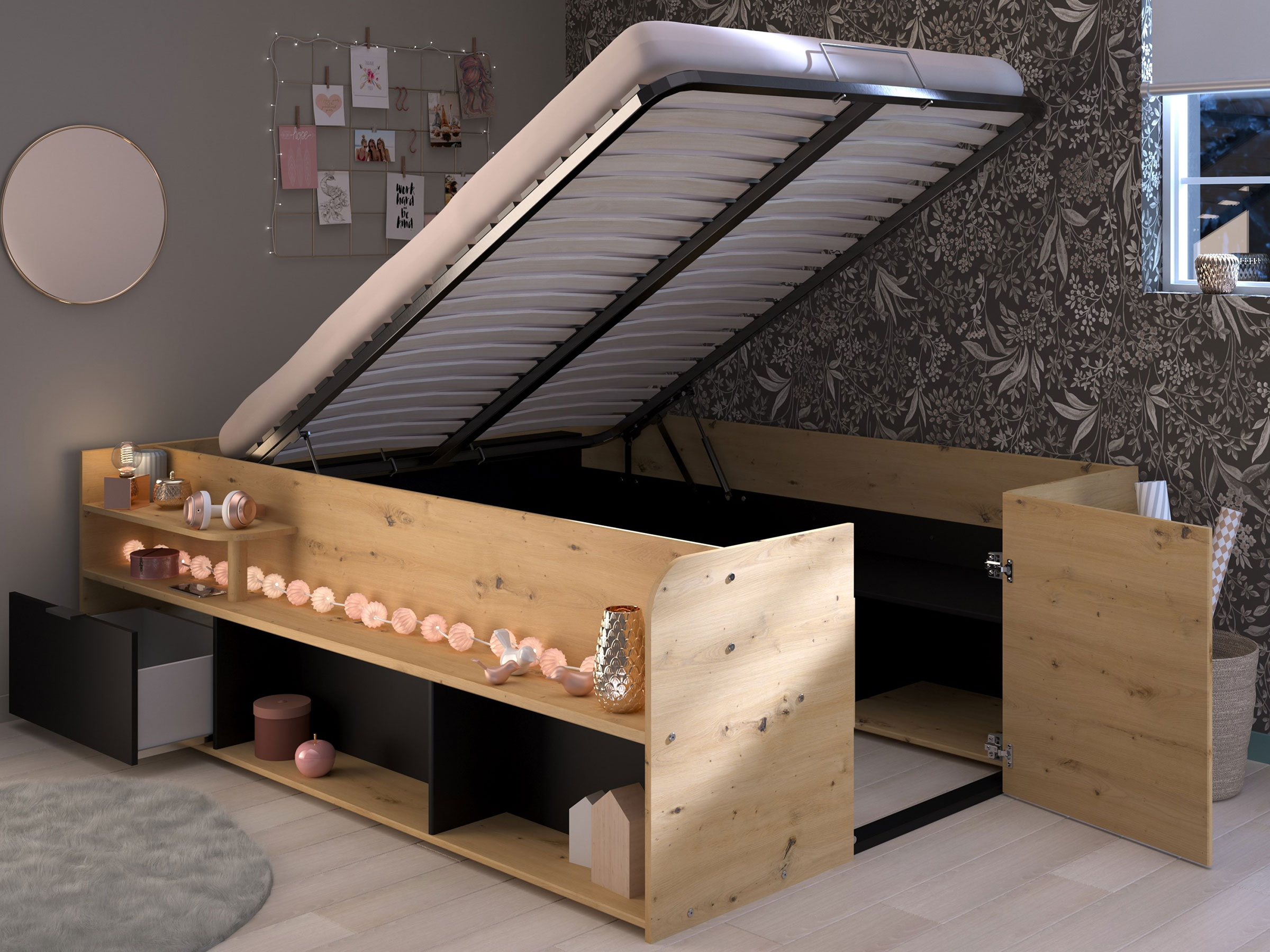 Space-UP Enkeltseng med Semi Walk-in Garderobe 140x200 - Sort/Natur