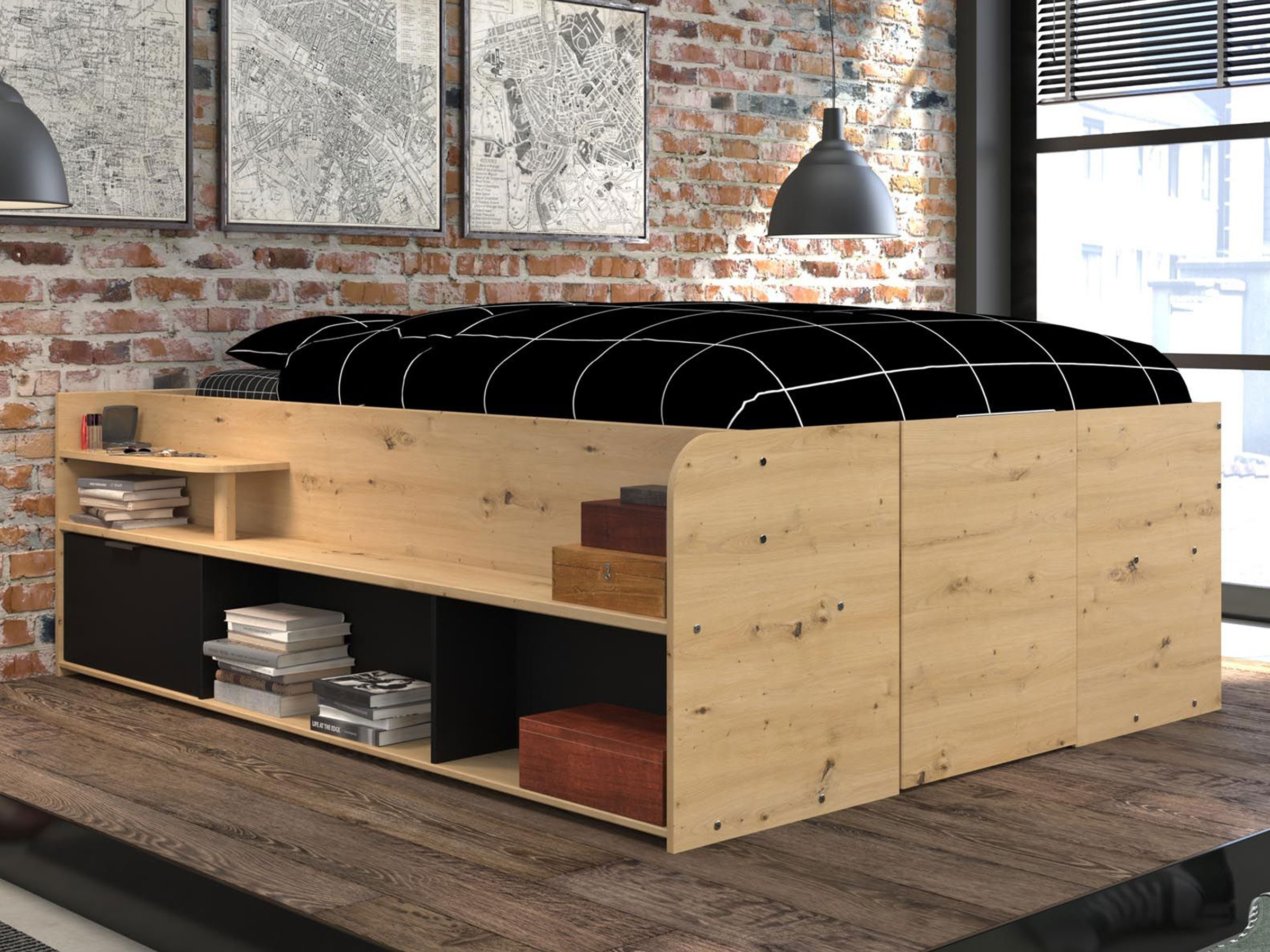 Space-UP Enkeltseng med Semi Walk-in Garderobe 140x200 - Sort/Natur