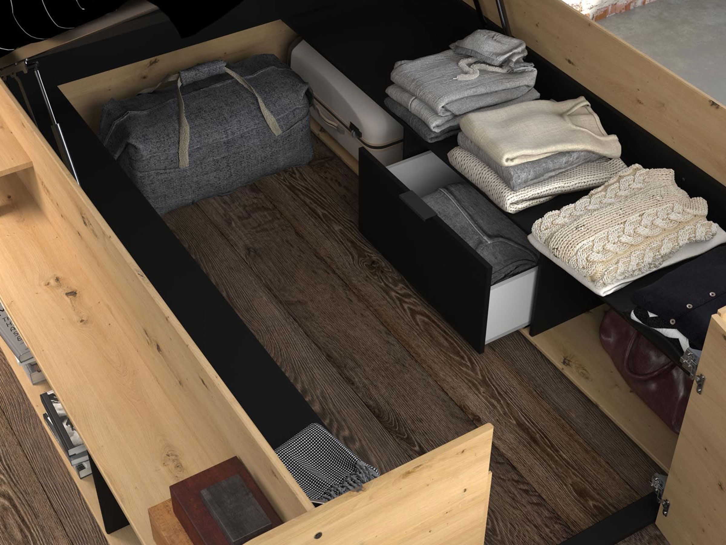 Space-UP Enkeltseng med Semi Walk-in Garderobe 140x200 - Sort/Natur