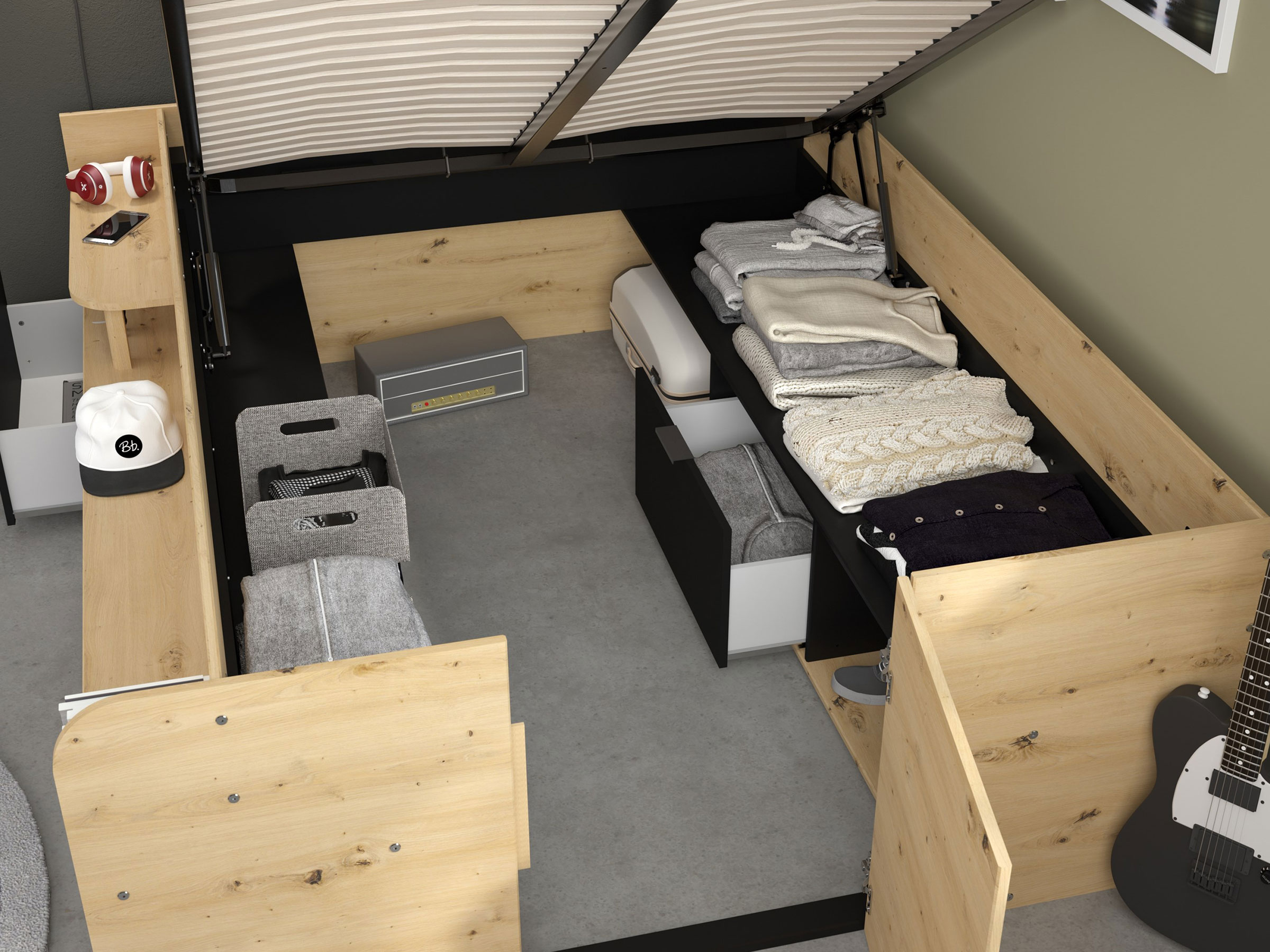 Space-UP Enkeltseng med Semi Walk-in Garderobe 140x200 - Sort/Natur