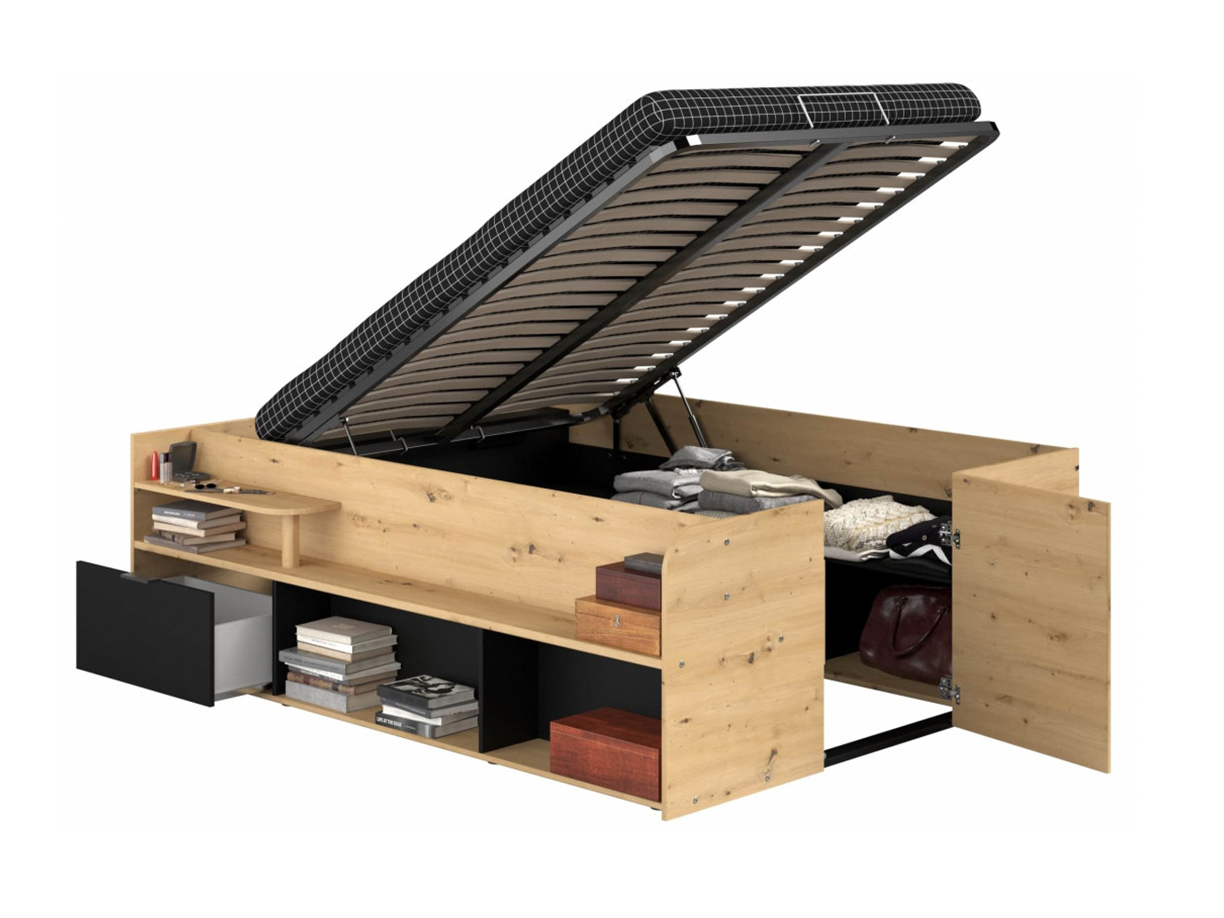 Space-UP Enkeltseng med Semi Walk-in Garderobe 140x200 - Sort/Natur