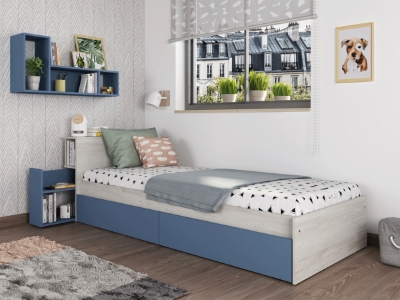 Jazz Enkeltseng med Sengegavl og Skuffer 90x200 - Blå/Natur