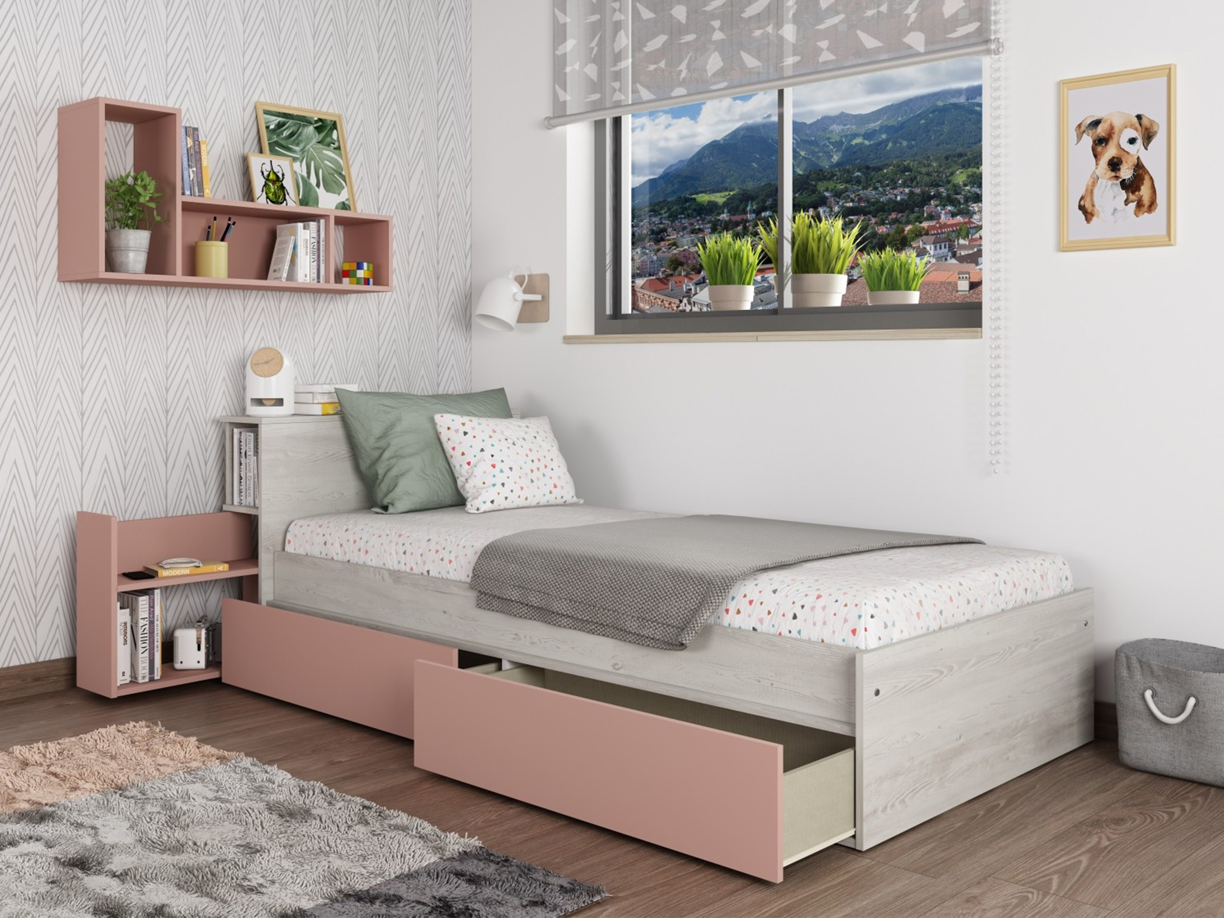 Jazz Enkeltseng med Sengegavl og Skuffer 90x200 - Rosa/Natur