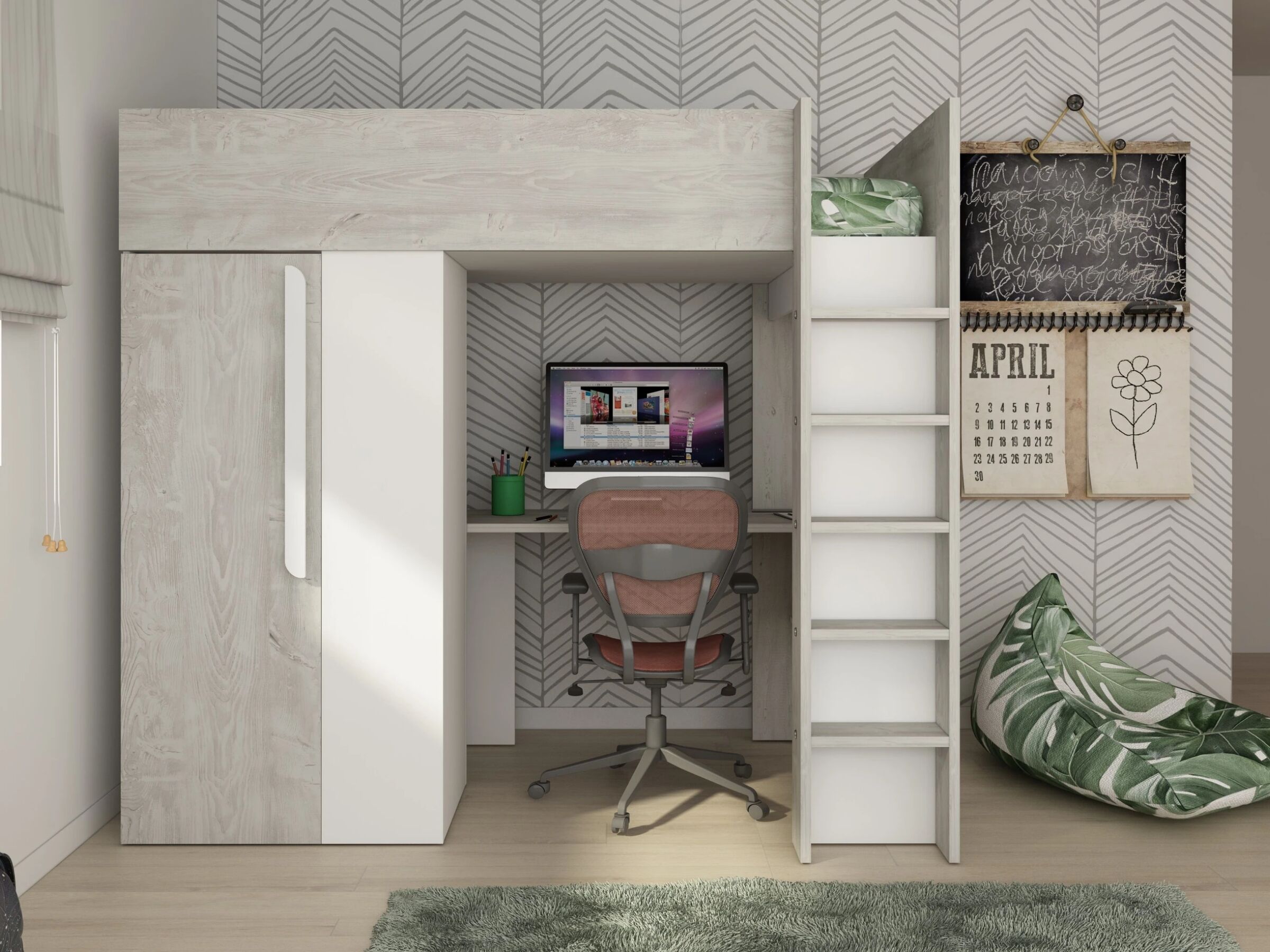 Studio Loftseng med Skrivebord og Garderobe 90x200 - Hvit/Natur