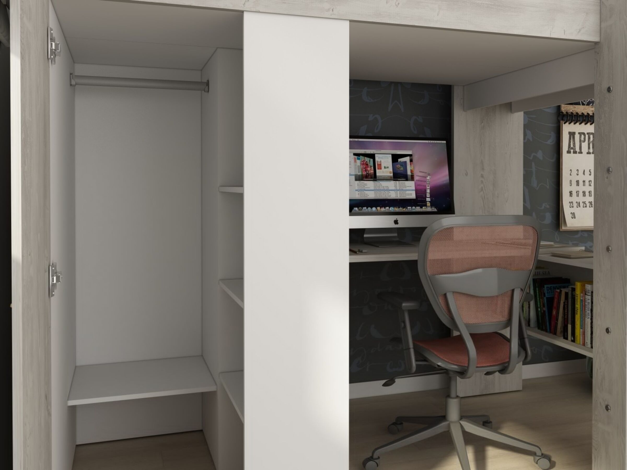 Studio Loftseng med Skrivebord og Garderobe 90x200 - Hvit/Natur