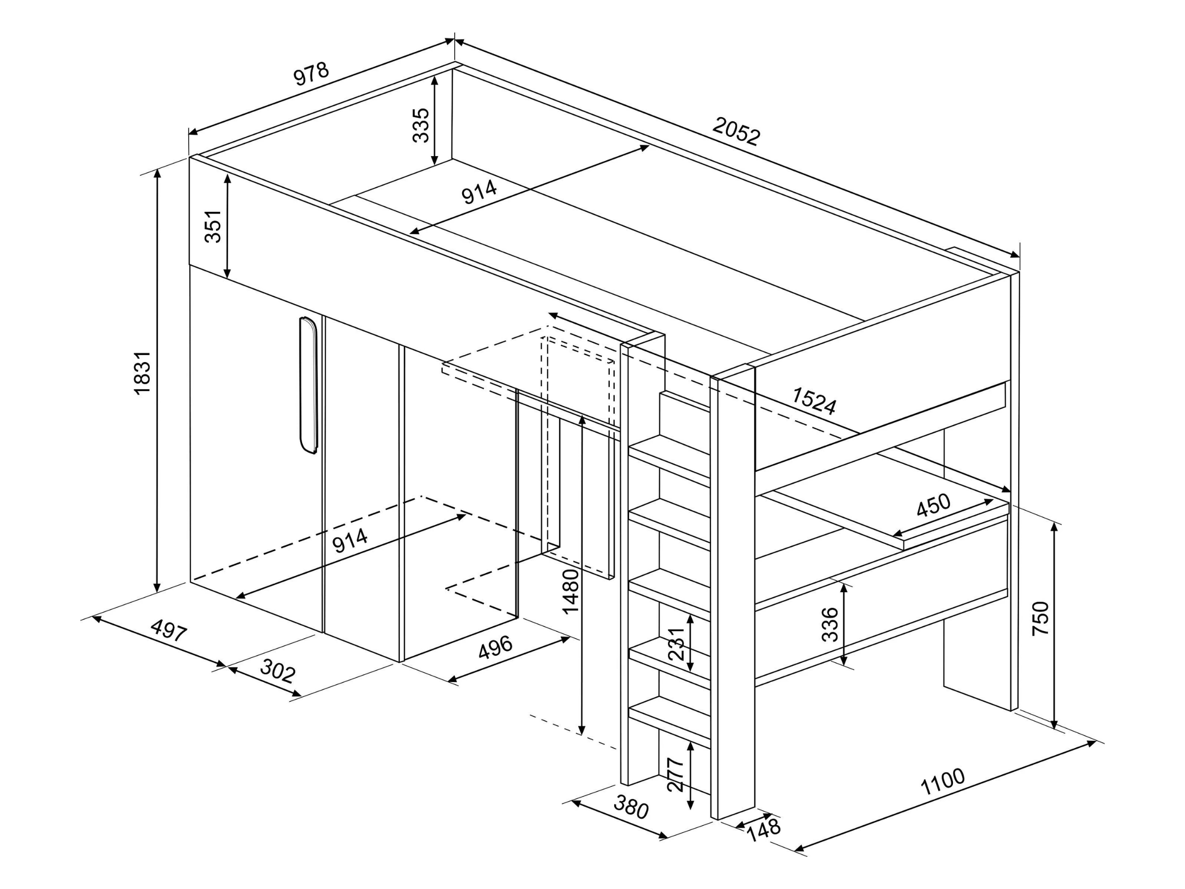 Studio Loftseng med Skrivebord og Garderobe 90x200 - Hvit/Natur