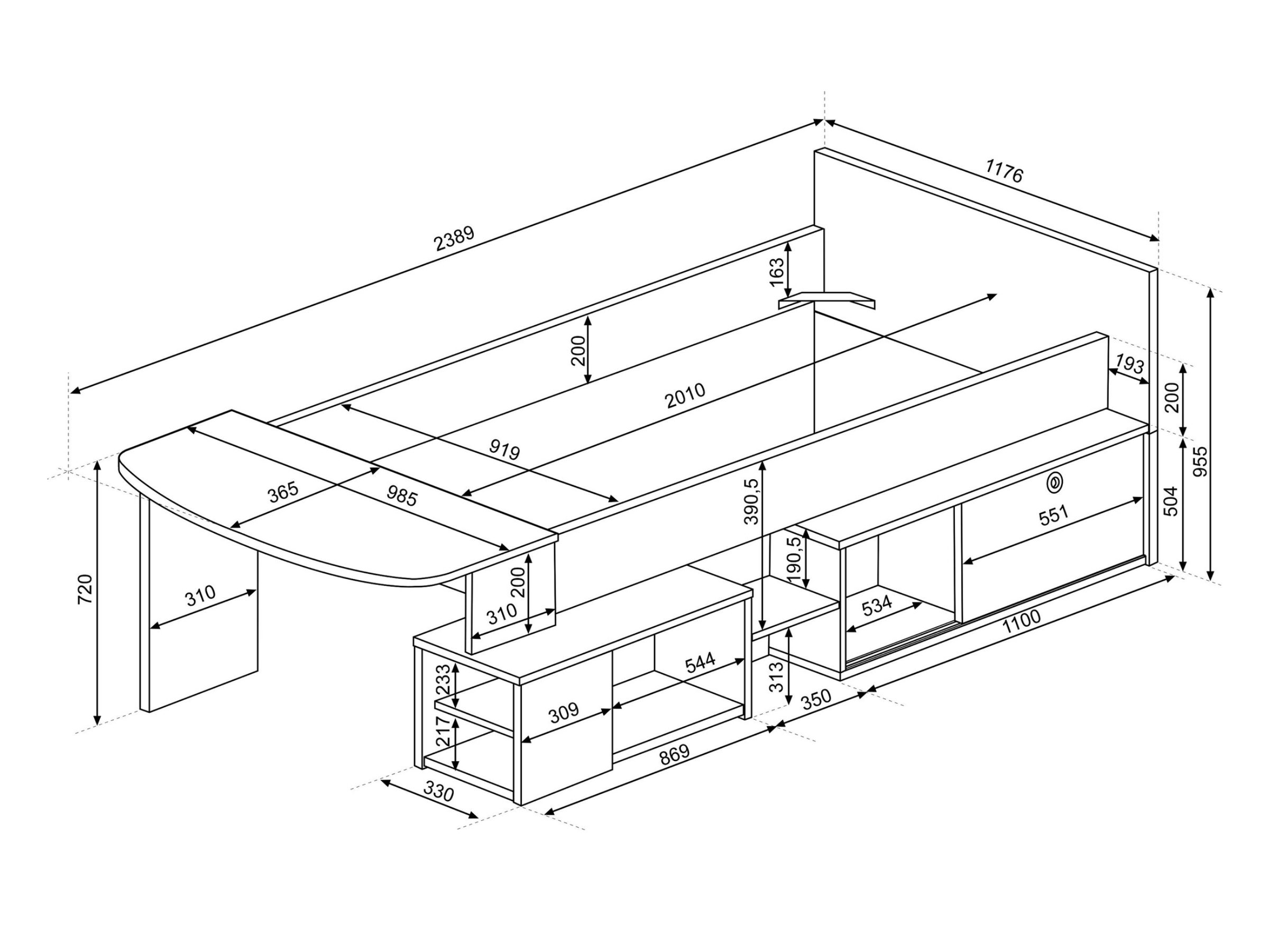 Gaby Enkeltseng med Skrivebord 90x200 - Natur/Hvit