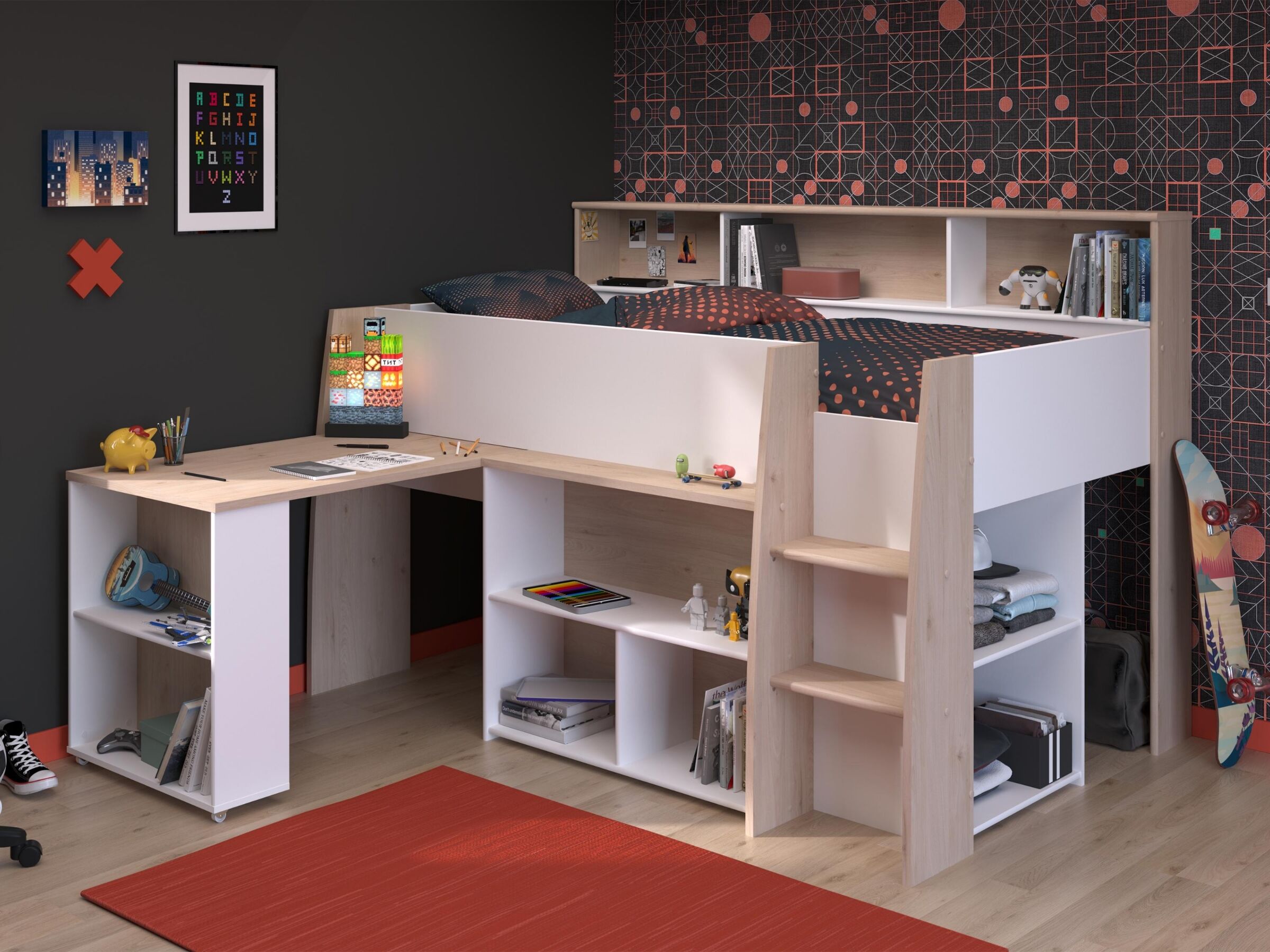 Lucas Halvhøy Seng med Skrivebord 90x200 - Hvit/Natur