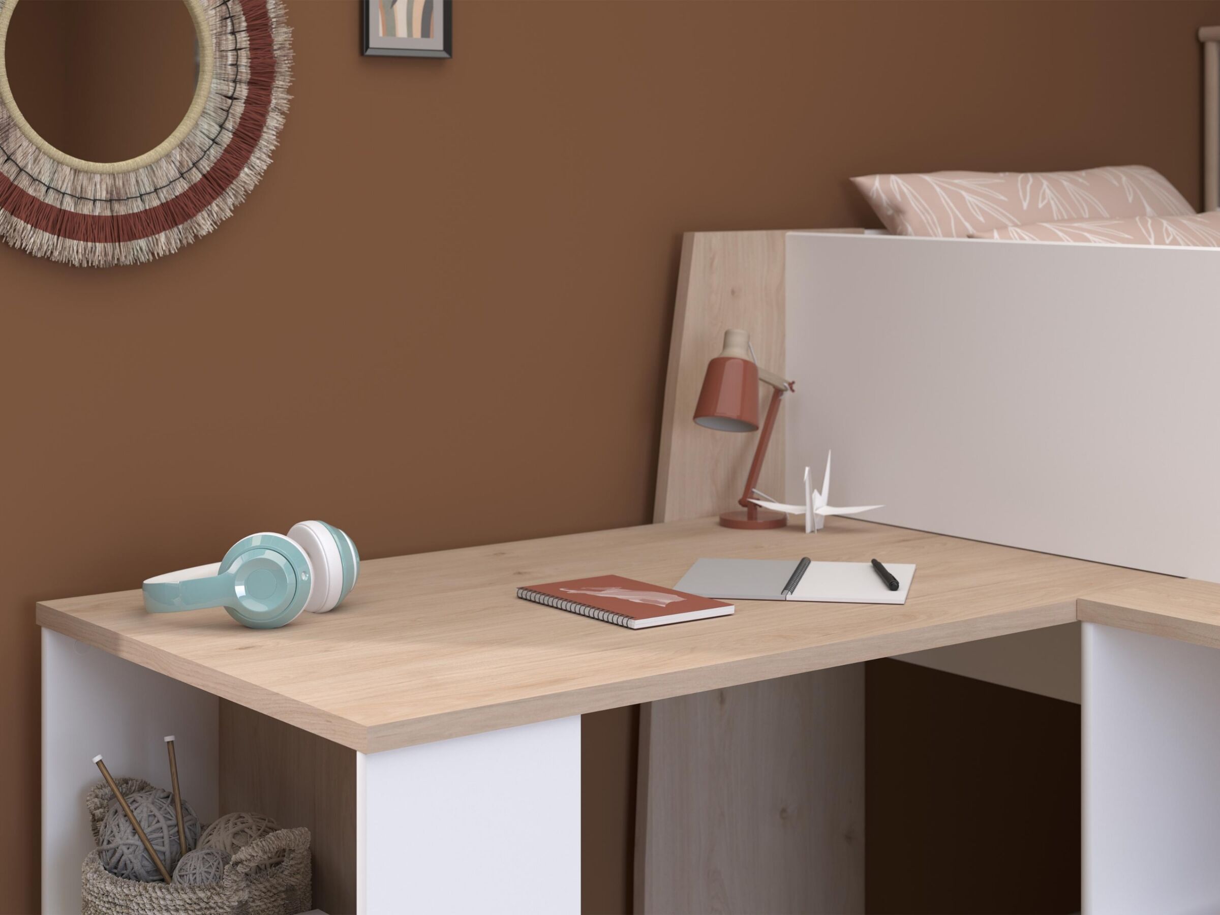 Lucas Halvhøy Seng med Skrivebord 90x200 - Hvit/Natur