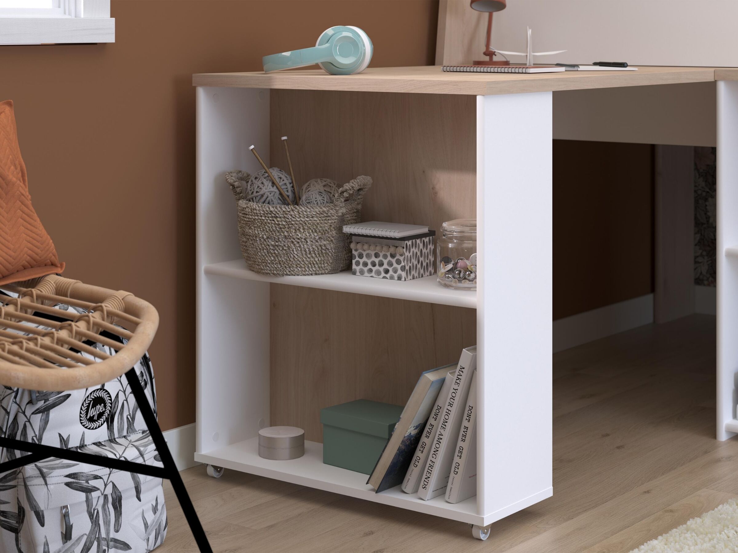 Lucas Halvhøy Seng med Skrivebord 90x200 - Hvit/Natur