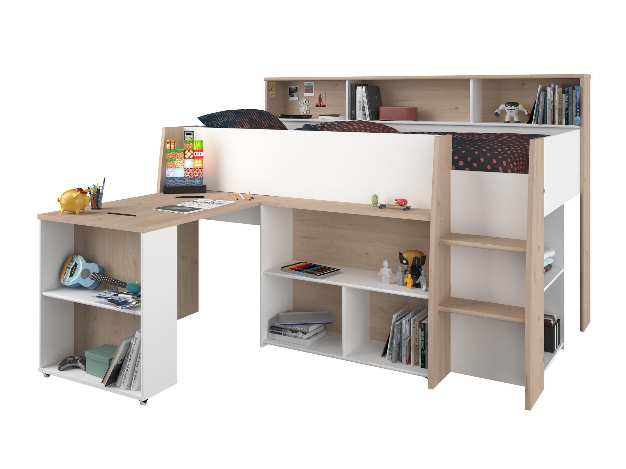 Lucas Halvhøy Seng med Skrivebord 90x200 - Hvit/Natur