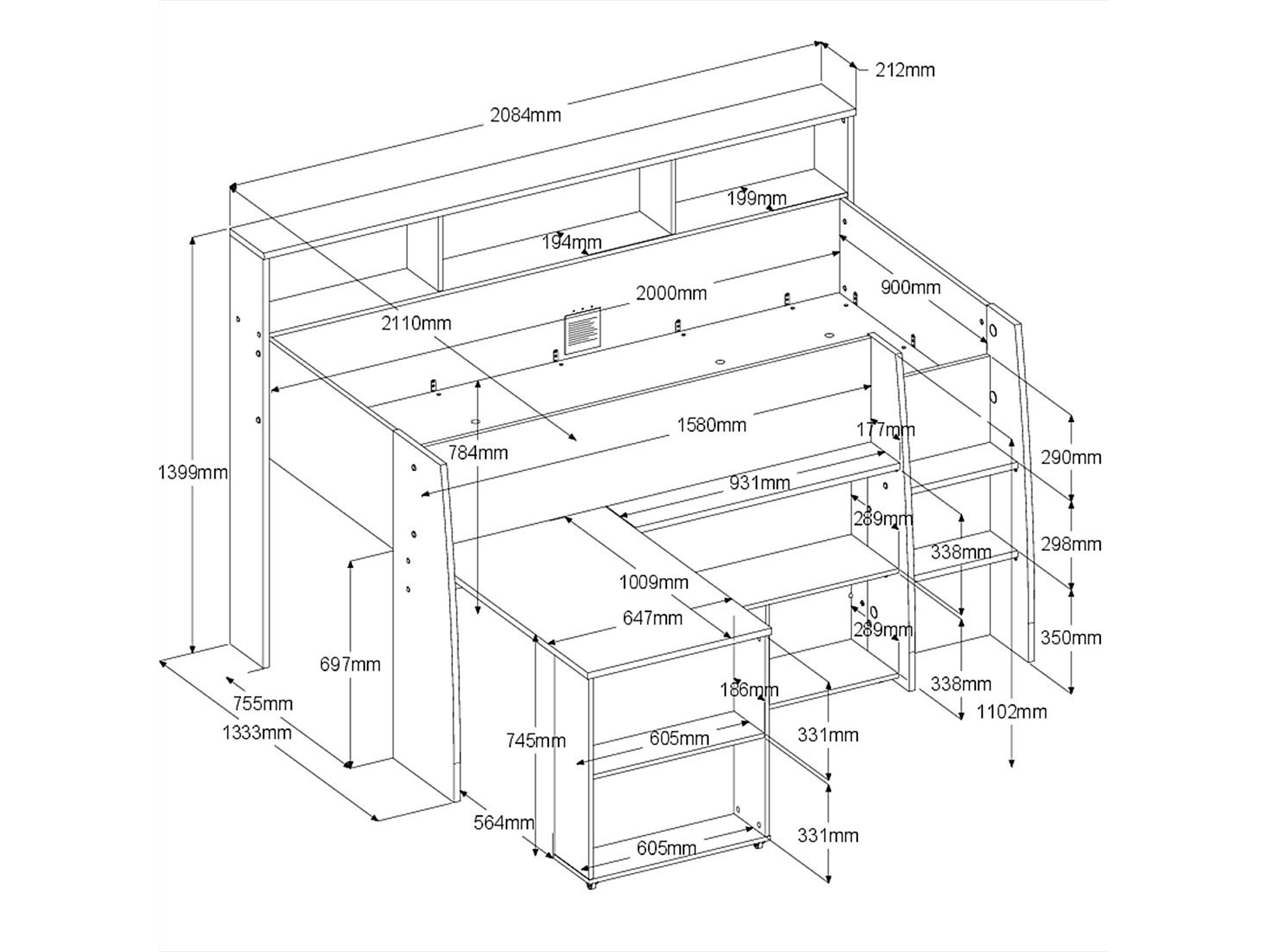 Lucas Halvhøy Seng med Skrivebord 90x200 - Hvit/Natur