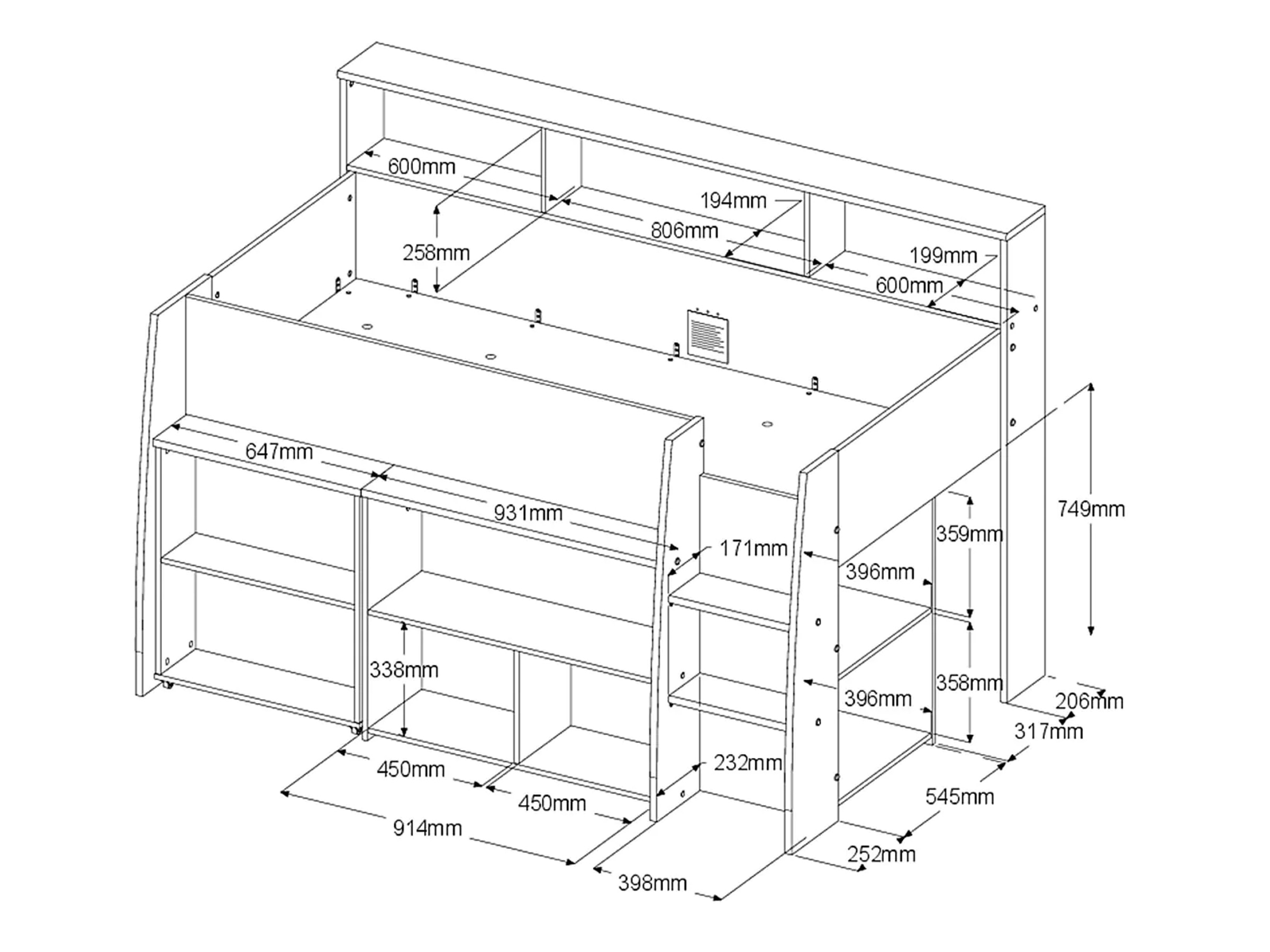 Lucas Halvhøy Seng med Skrivebord 90x200 - Hvit/Natur