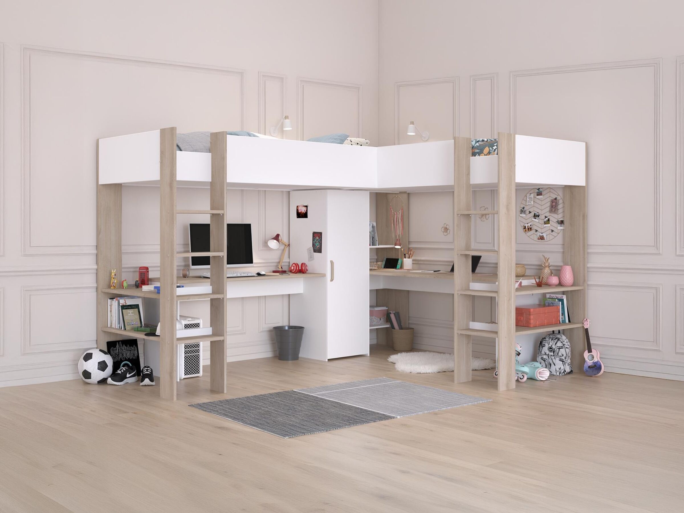 Alexandra Dobbel Loftseng med Skrivebord 90x200 - Hvit/Natur