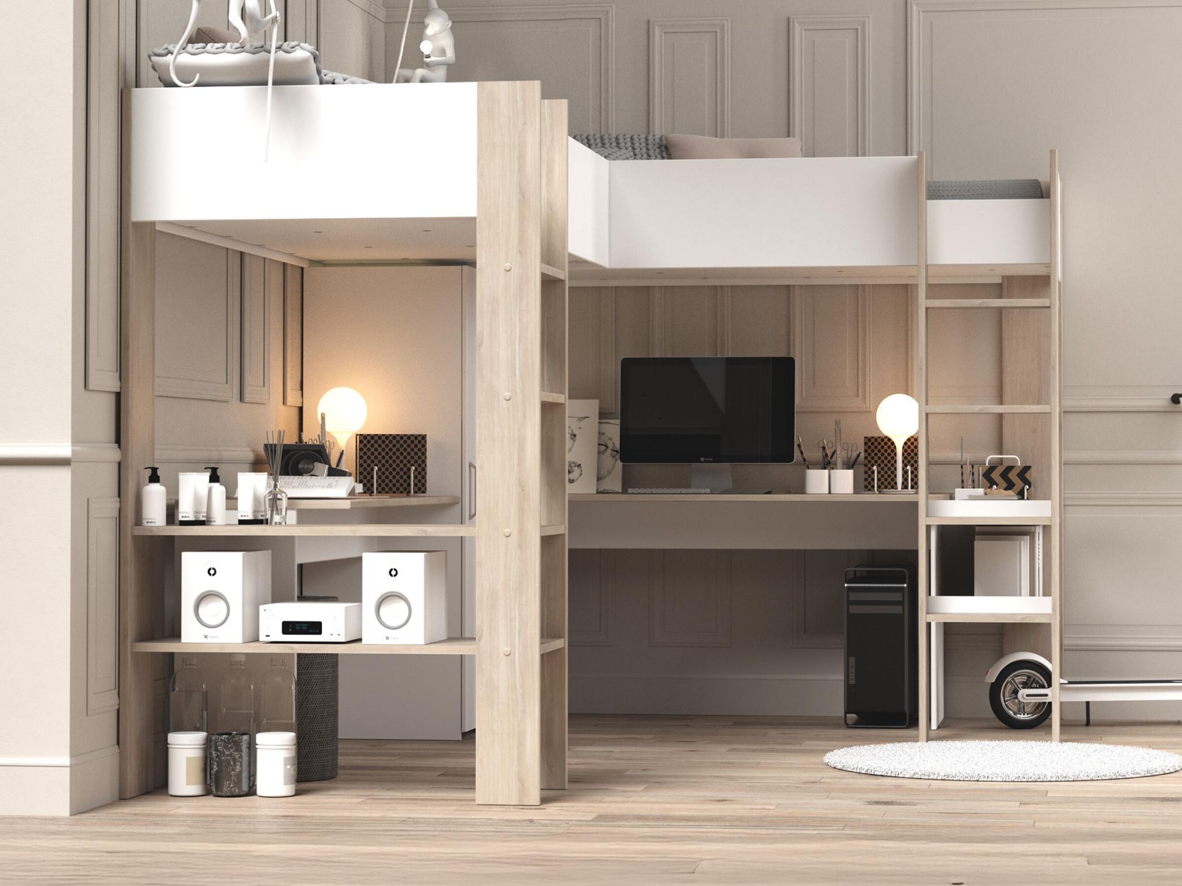 Alexandra Dobbel Loftseng med Skrivebord 90x200 - Hvit/Natur