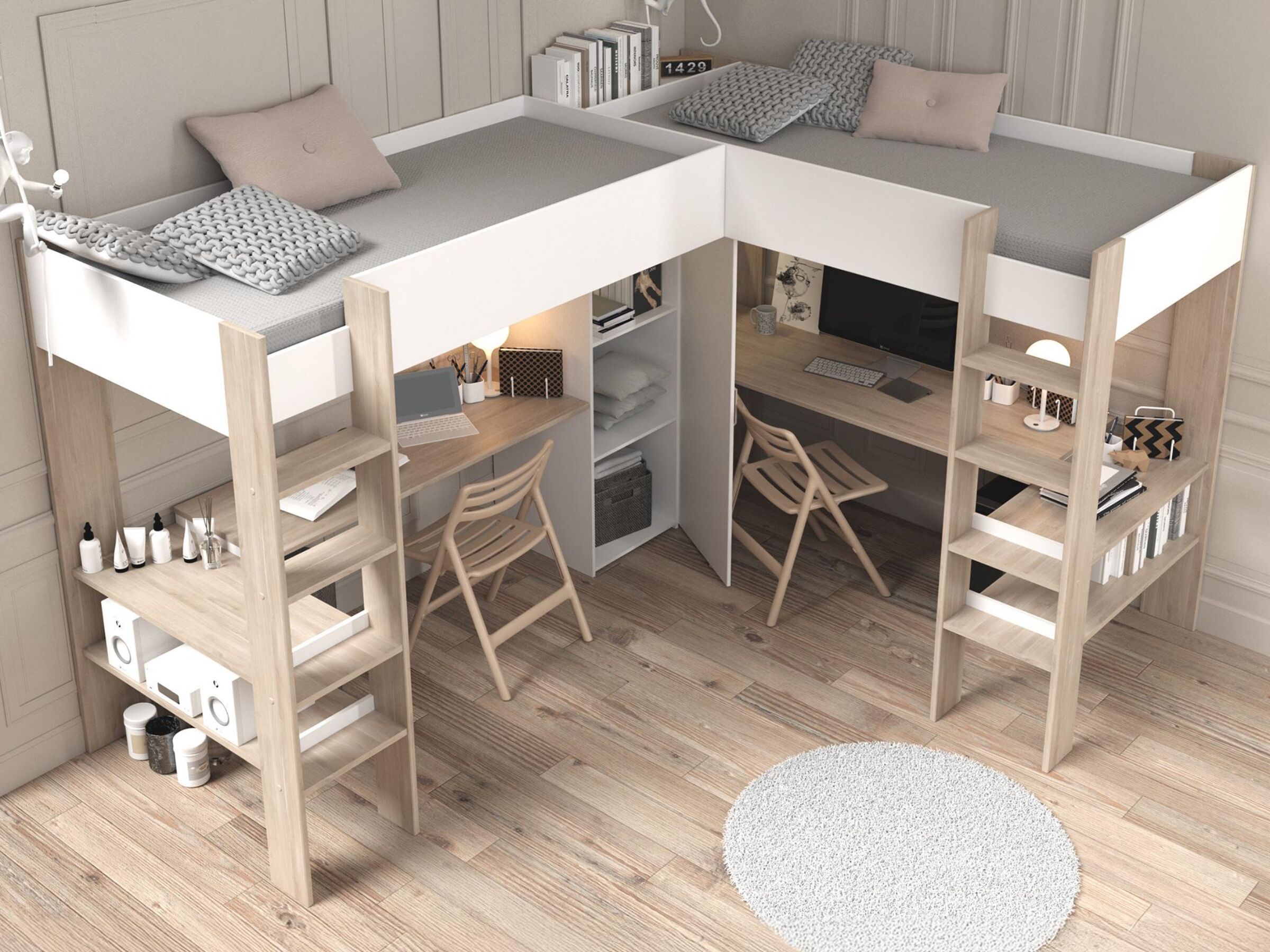 Alexandra Dobbel Loftseng med Skrivebord 90x200 - Hvit/Natur