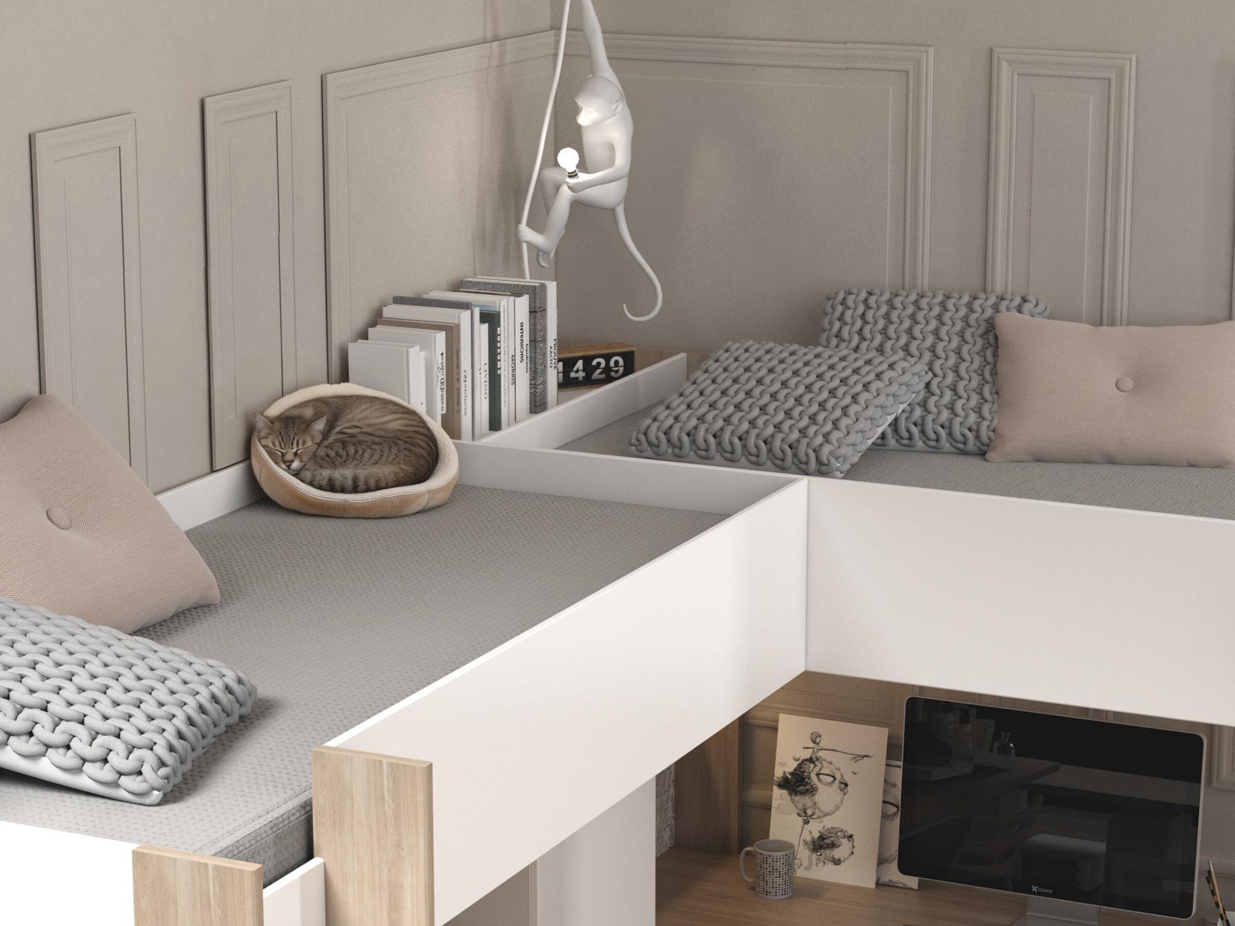 Alexandra Dobbel Loftseng med Skrivebord 90x200 - Hvit/Natur