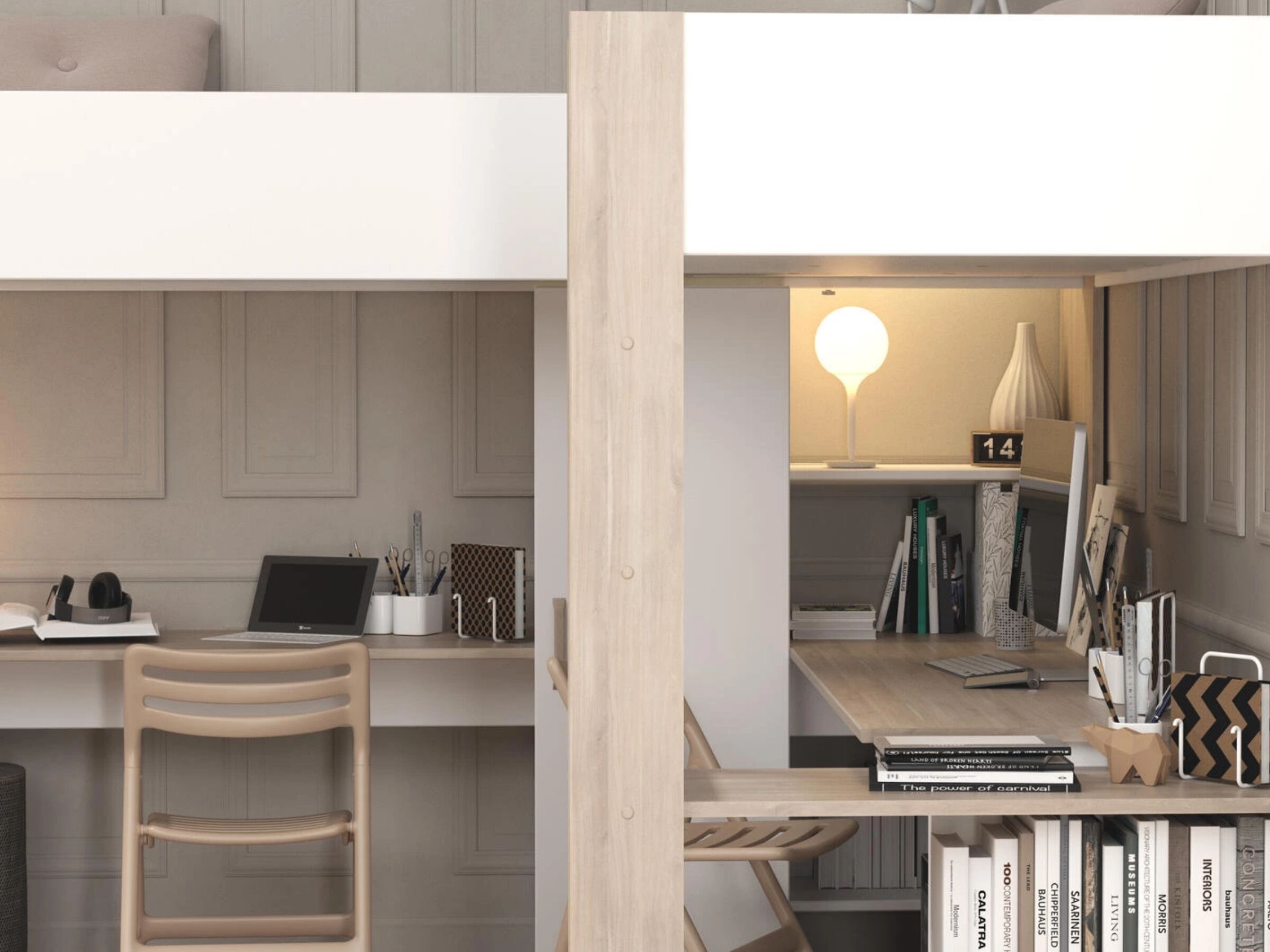 Alexandra Dobbel Loftseng med Skrivebord 90x200 - Hvit/Natur