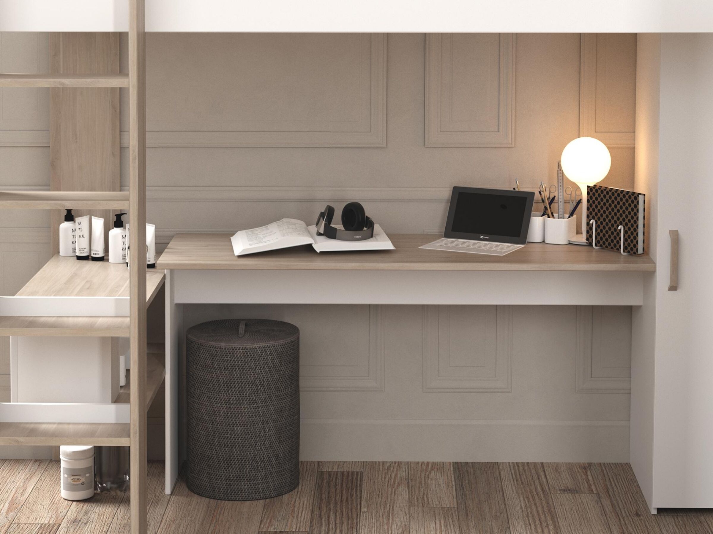 Alexandra Dobbel Loftseng med Skrivebord 90x200 - Hvit/Natur