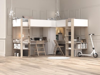 Alexandra Dobbel Loftseng med Skrivebord 90x200 - Hvit/Natur