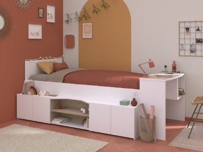 Cleo Multifunksjonell Juniorseng med Skrivebord 90x200 - Hvit/Natur