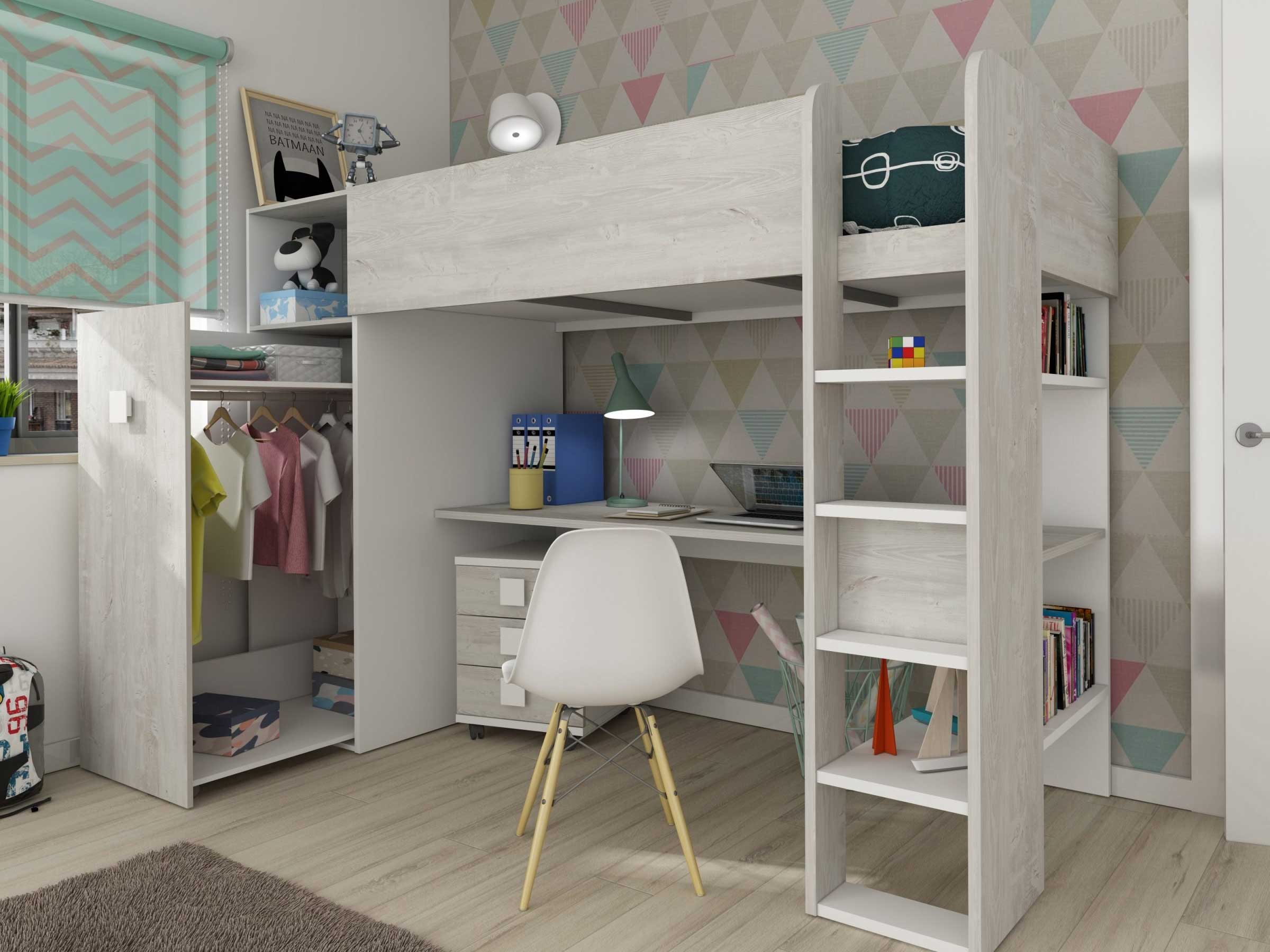 Loftseng med Skrivebord og Garderobe 90x200 - Hvit/Eik