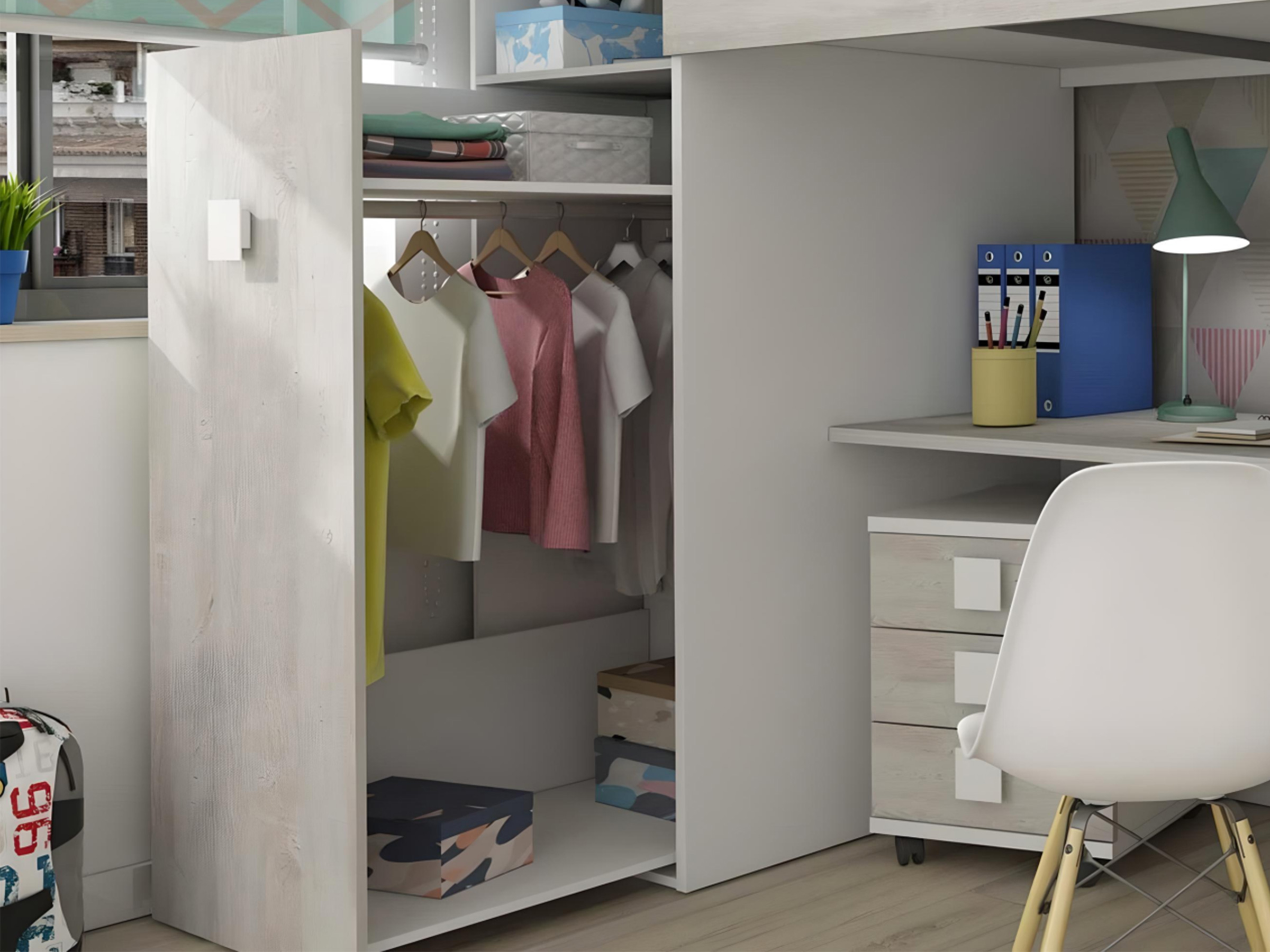 Loftseng med Skrivebord og Garderobe 90x200 - Hvit/Eik